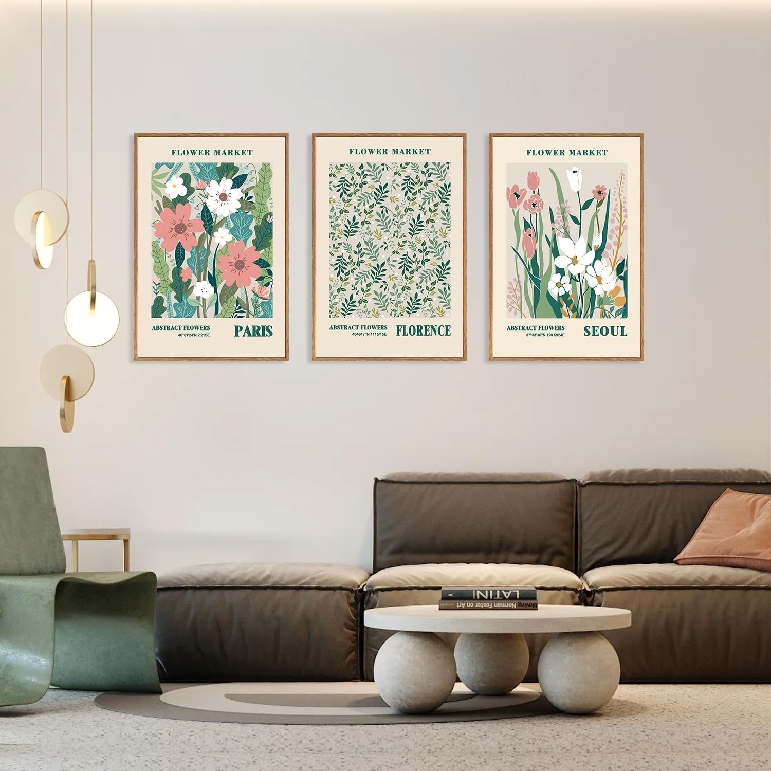 HLNIUC Flower Market Wall Art Prints, Boho Floral Wall Decor, Large Matisse Sage Green 24"x36" Framed Art Set of 3, Abstract Colorful Botanical Painting for Living Room, Bedroom, Office