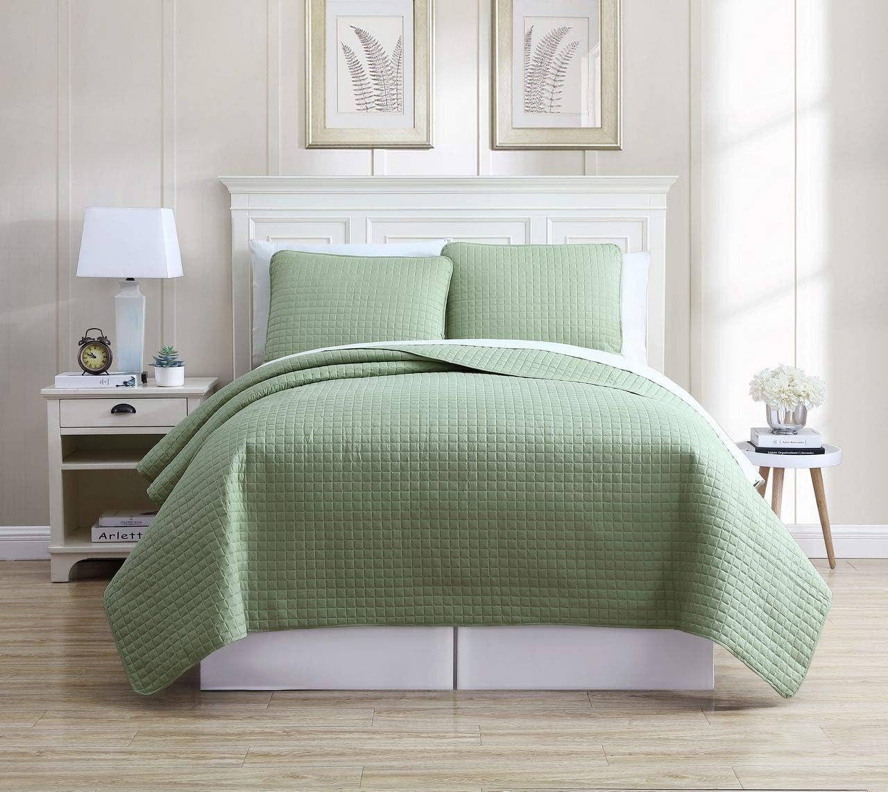 KingLinen Oversized Solid Sage Grid Bedspread/Quilt Set Queen