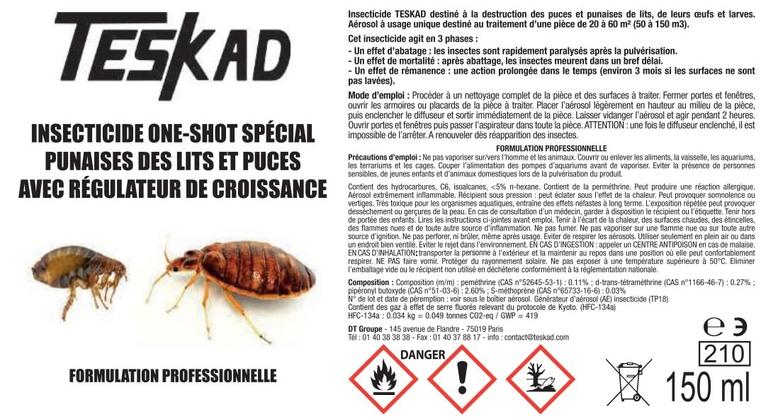 Traitement complet anti punaises de lit et puces pour logement jusqu'à 50m² Teskad | Pulvérisateur 5L + insecticide concentré 100 ml + 2 aérosols régulateur de croisssance