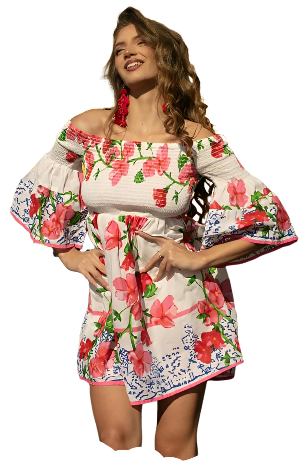 Antica Sartoria - Abito corto da donna, scollo a bardot con spalle scoperte e maniche a volant, stile boho chic, in cotone, estivo