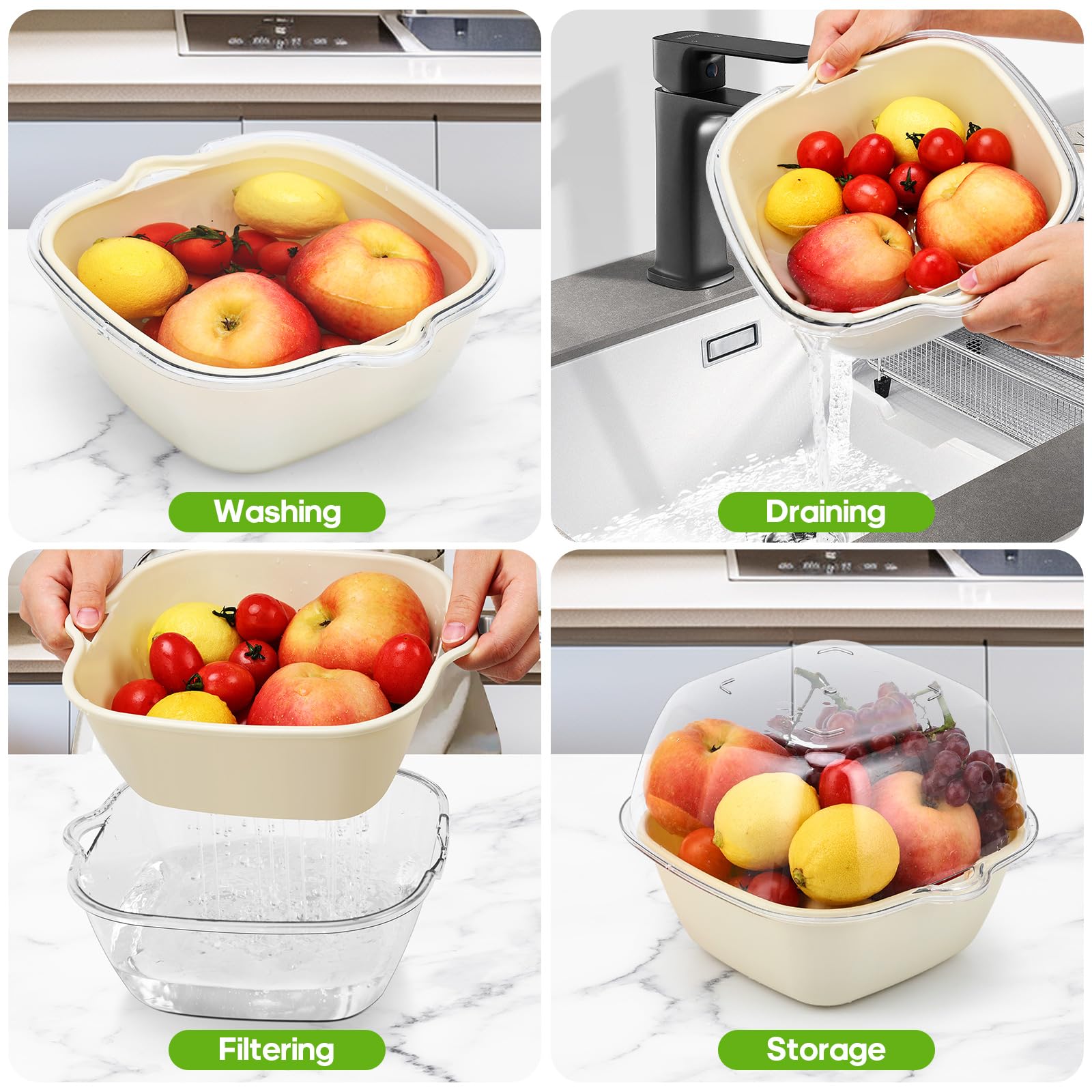 Juego de 4 coladores de cocina, 8 piezas 2 en 1 de plástico, cesta de lavado de frutas, verduras, gran cubeta de drenaje de doble capa sin BPA, bayas, ensaladas, colador de alimentos de pasta