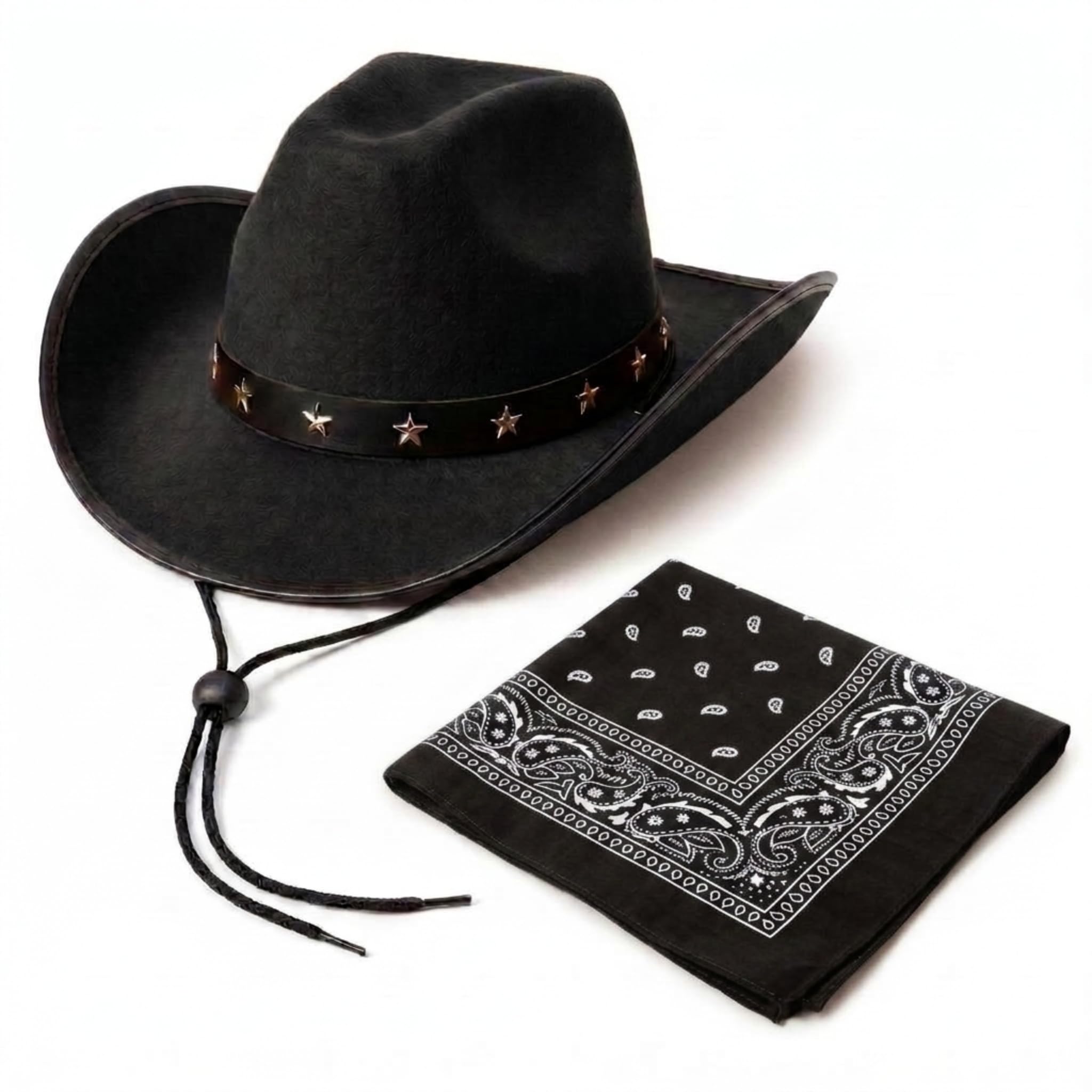 2pc Black Cowboy Hat and Bandana Set - Adult Cow Boy Hat with Star Studs and Western Cowboy Neckerchief for Wild West Fancy Dress - Adult Cow Boy Accessories for Country and Western (Black)