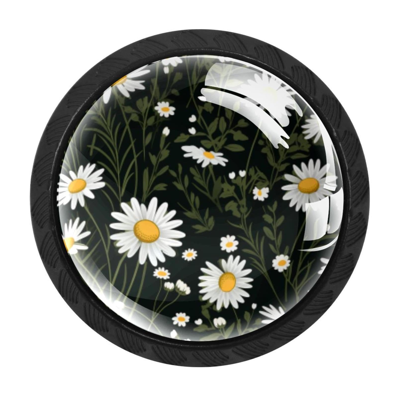 CHENZZZZ 4 Pieces Daisy Drawer Knobs, 35mm Black Kitchen Cabinet Knobs, Drawer Pulls and Knobs, Glass Cabinet Hardware Single Hole Knob for Cabinets and Drawers Round
