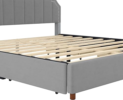 Miniatura 5 de BIADNBZ Cama de plataforma tapizada tamaño King con cuatro cajones de almacenamiento, marco de cama de terciopelo y madera con cabecera y patas de