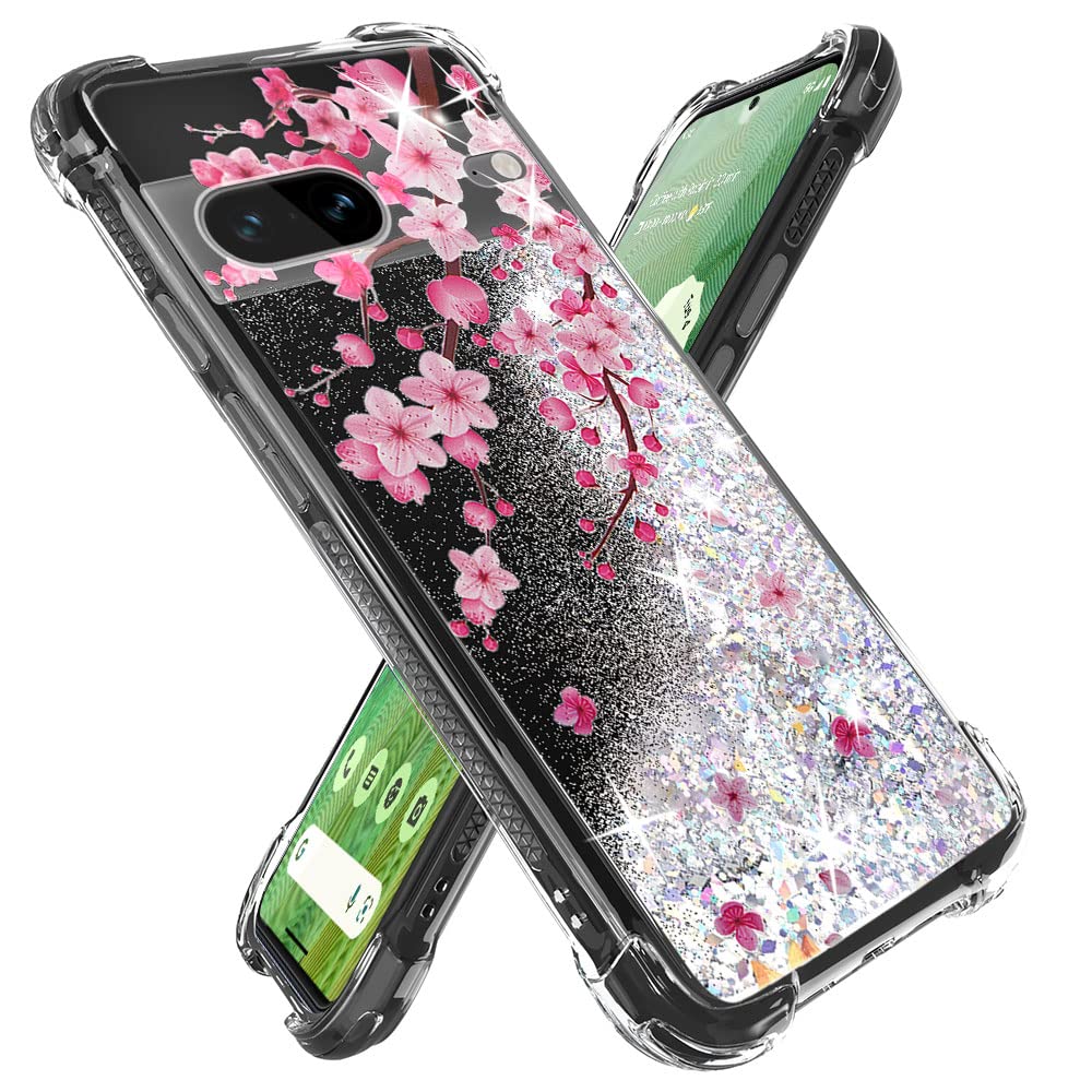 Miss Arts for Pixel 7 Case,Girls Women Flowing Liquid Holographic Holo Glitter Shock Proof Case with Floral Design Bling Diamond Bumper for Google Pixel 7 -Cherry Blossom