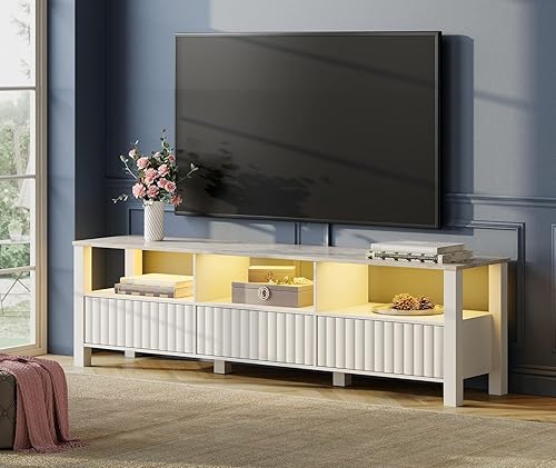 Miniatura 2 de WAMPAT Soporte de TV blanco para televisores de hasta 75 pulgadas, moderno centro de entretenimiento con LED amarillo, mesa consola de TV de madera