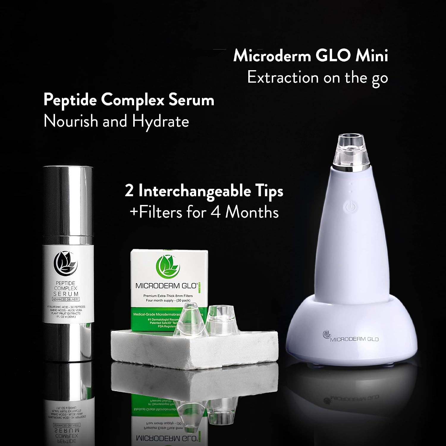 Microderm GLO Mini Premium Skincare Bundle - Includes Blackhead Remover Vacuum Tool, 8mm Filters 30 Pack, Peptide Complex Serum. Best Anti Aging Treatment Black Head Remover and Pore Extractor Kit