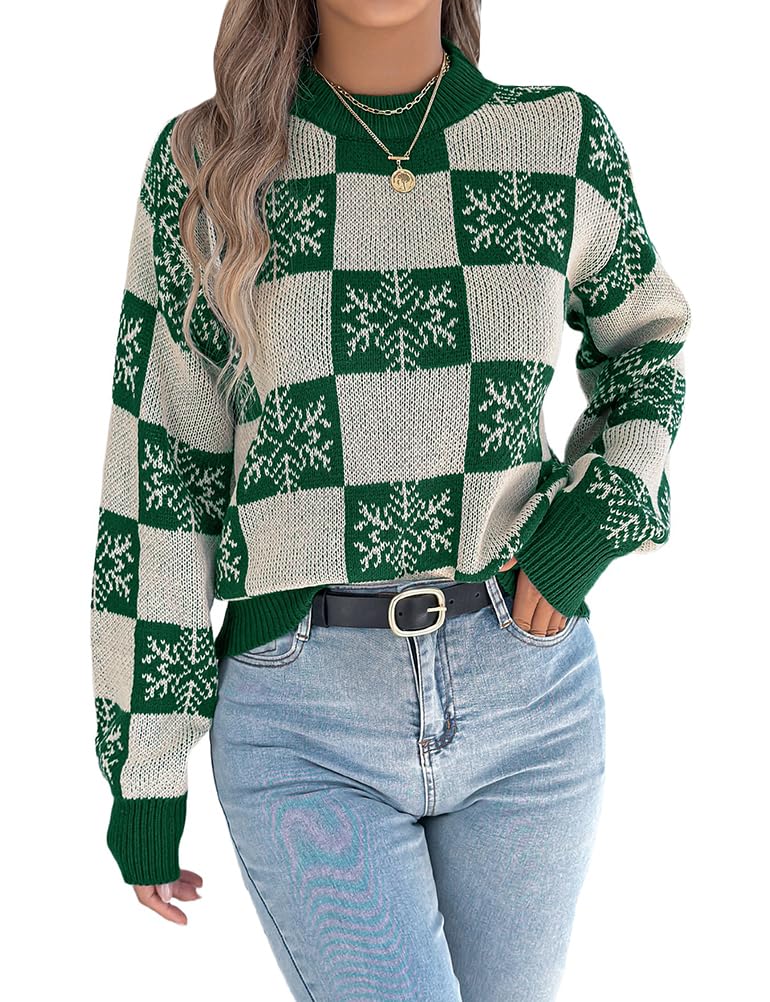 Kinghua Christmas Sweaters for Women Fall Winter Crewneck Holiday Pullover Loose Fit Chunky Checkered Knit Sweater Tops