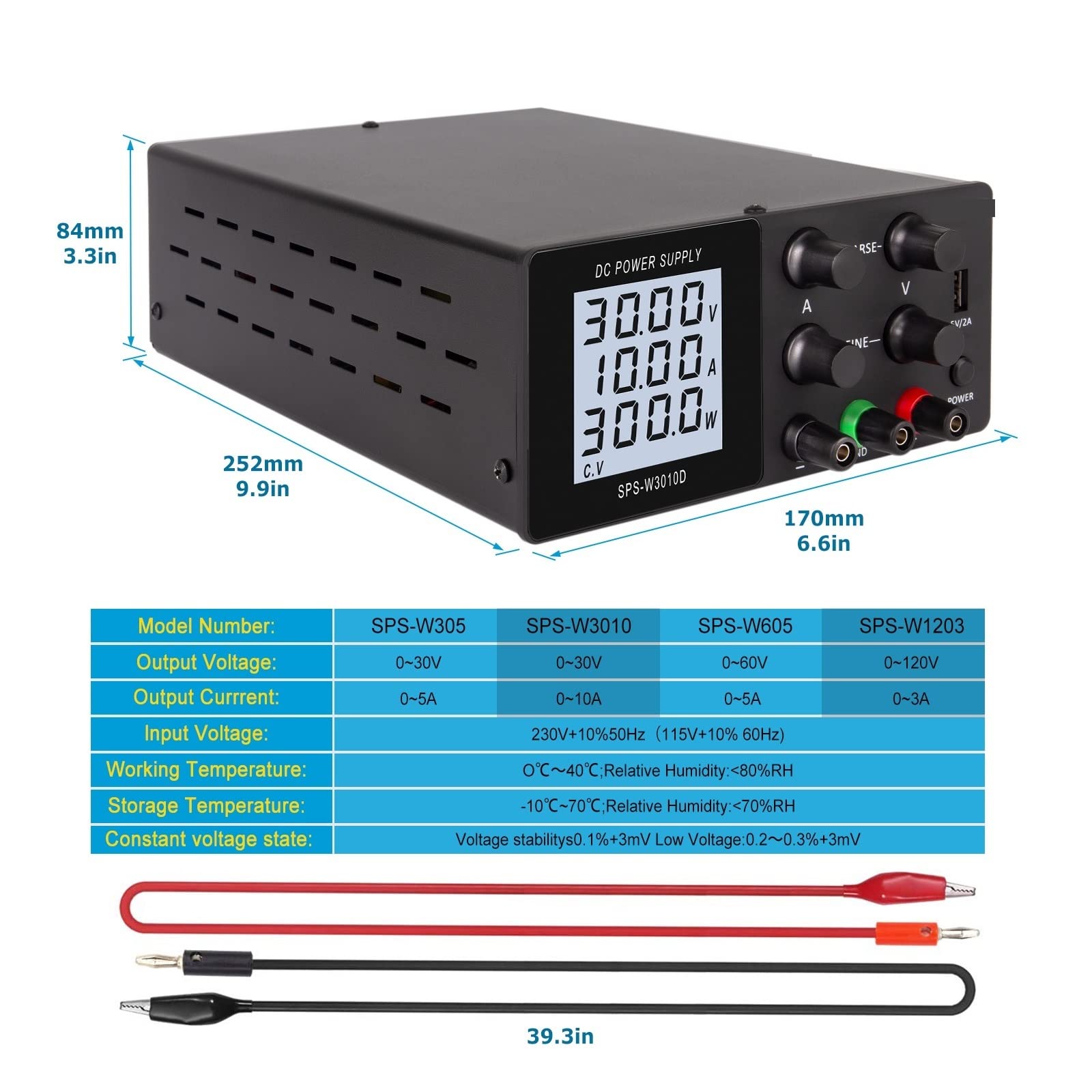 Labornetzteil, Einstellbares DC-Netzteil 30 V 10 A LCD-Bildschirm schützt Augen USB-Digital-Laborbank-Spannungsreglerschalter(SPPS-S3010 Black)