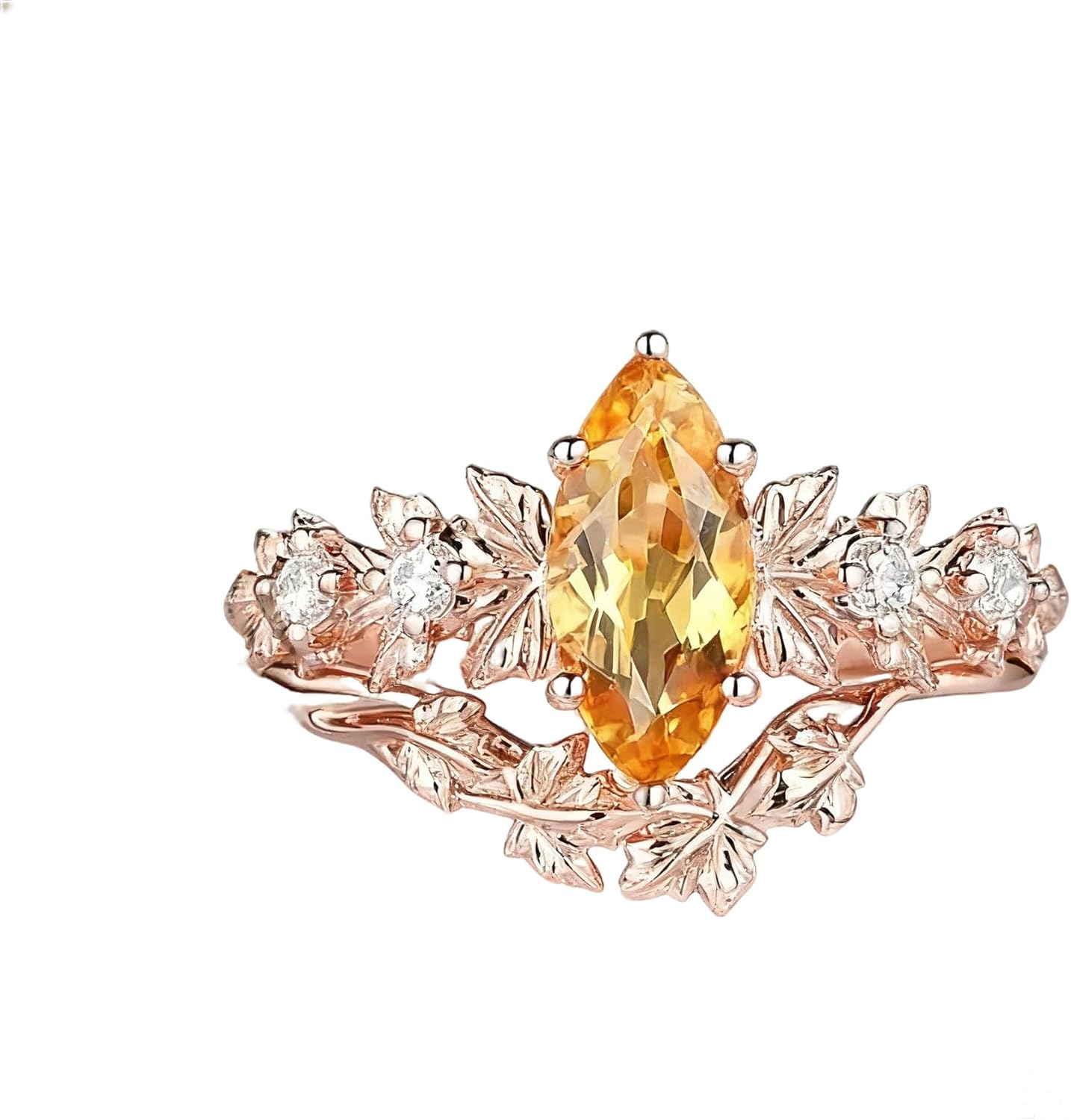 10K 14K 18K Gold Solid Natural Citrine Engagement Ring for Women Pear/Hexagon/Kite/Marquise/Oval Cut Citrine Wedding Ring Set Vintage Leaf Jewelry Gifts for Her Size 3-16