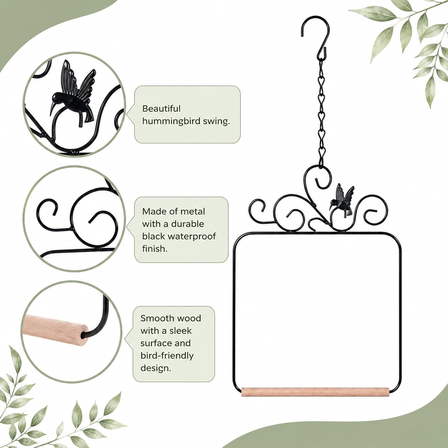 Grevosea Hummingbird Swings and Perches, Metal Frame Hummingbird Perch with Wooden Dowel and Hanging Chain Black Bird Swing for Outdoor Garden Lawn Patio Yard Bird Accessories image 3