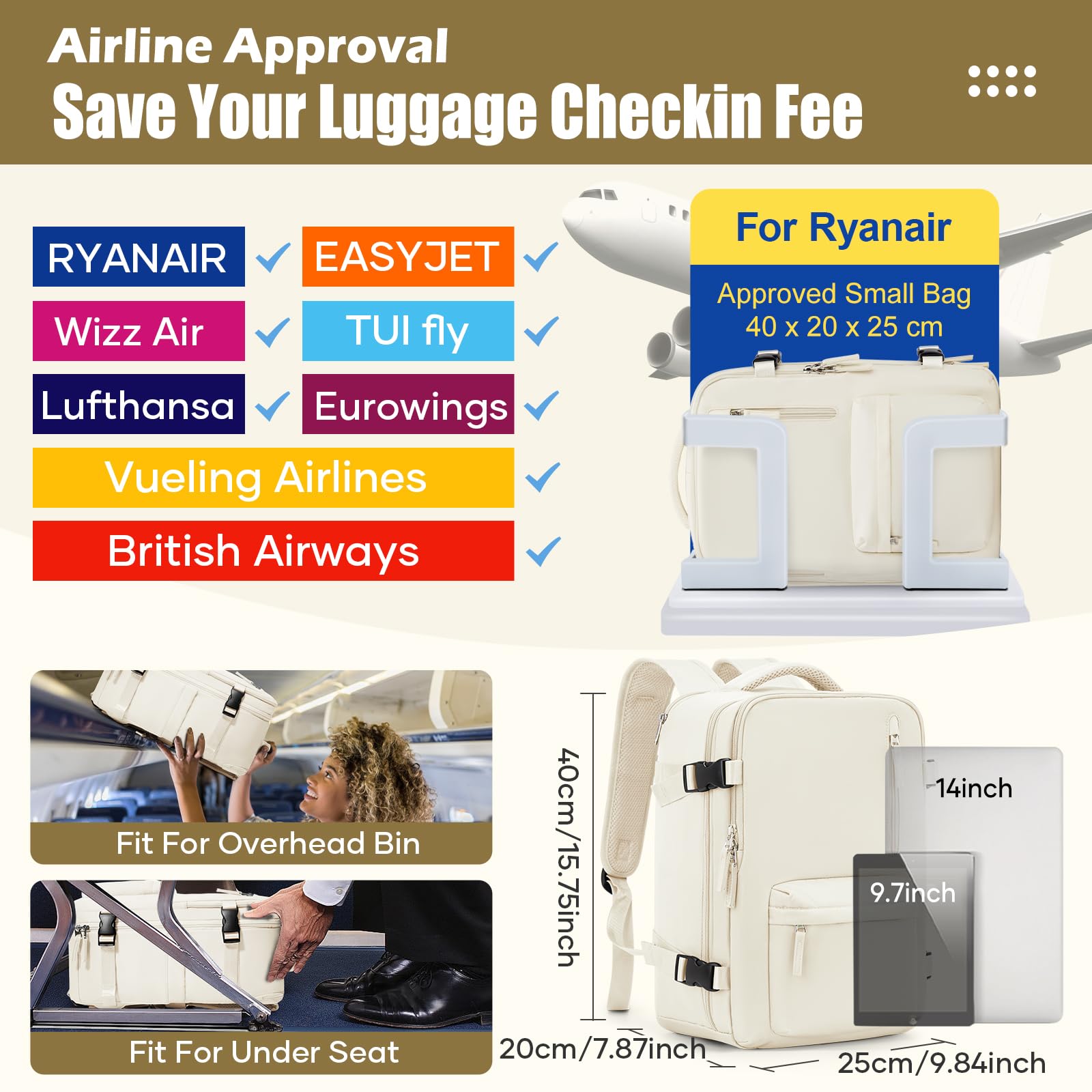 SZLX Zaino Ryanair 40x30x20 Sottovuoto con pompa Zaino Ryanair 40x20x25 Sottovuoto Bagaglio a Mano 40x30x20 Wizzair Zaino da Viaggio 45x36x20 Easyjet Donna Zaino Casual Laptop 14 Pollici Impermeabile