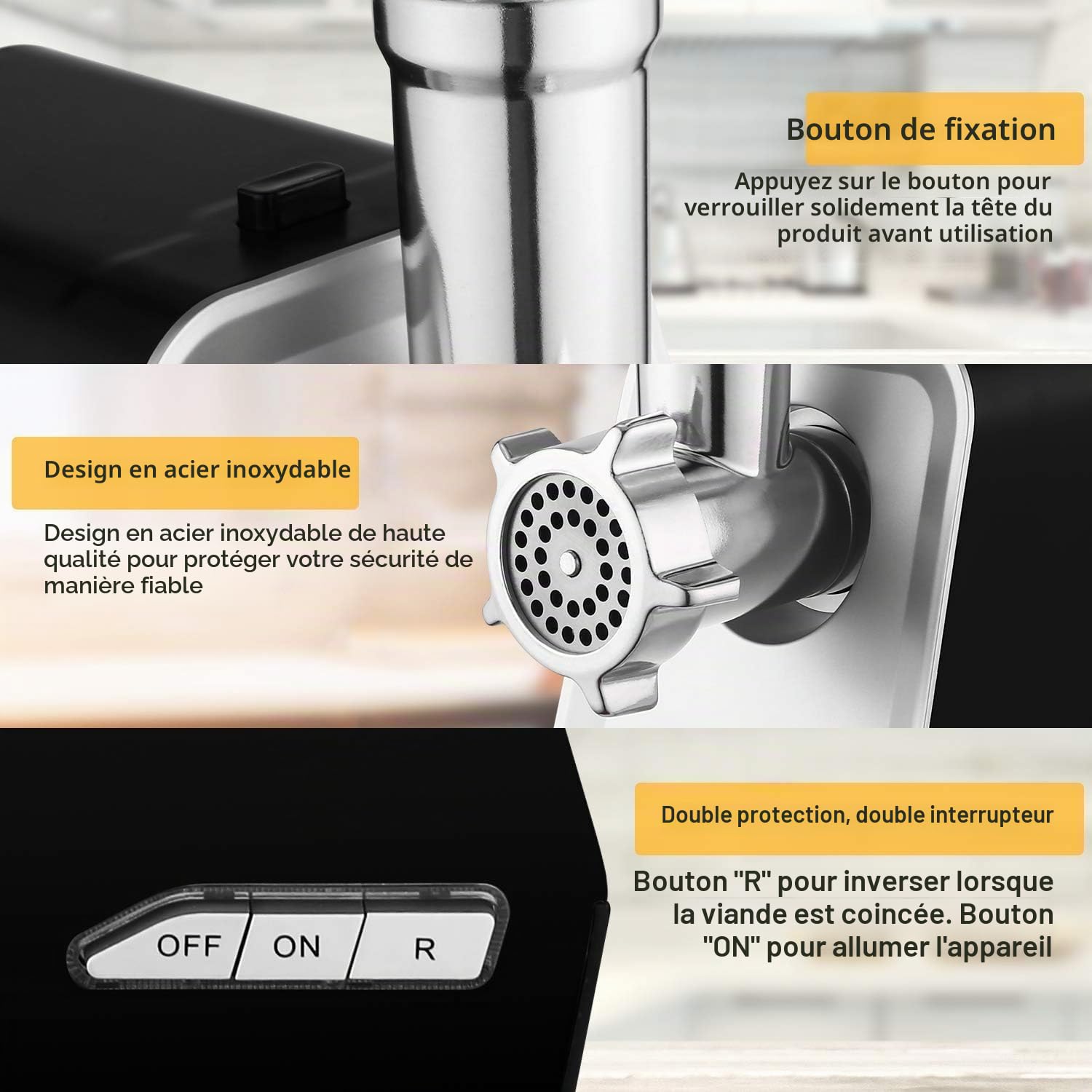 COOCHEER Hachoir à Viande Électrique 2000W, Multifonction avec 3 Disques de Broyage, Accessoire à Saucisses, Accessoire pour Viande, Légumes, Pâtisserie