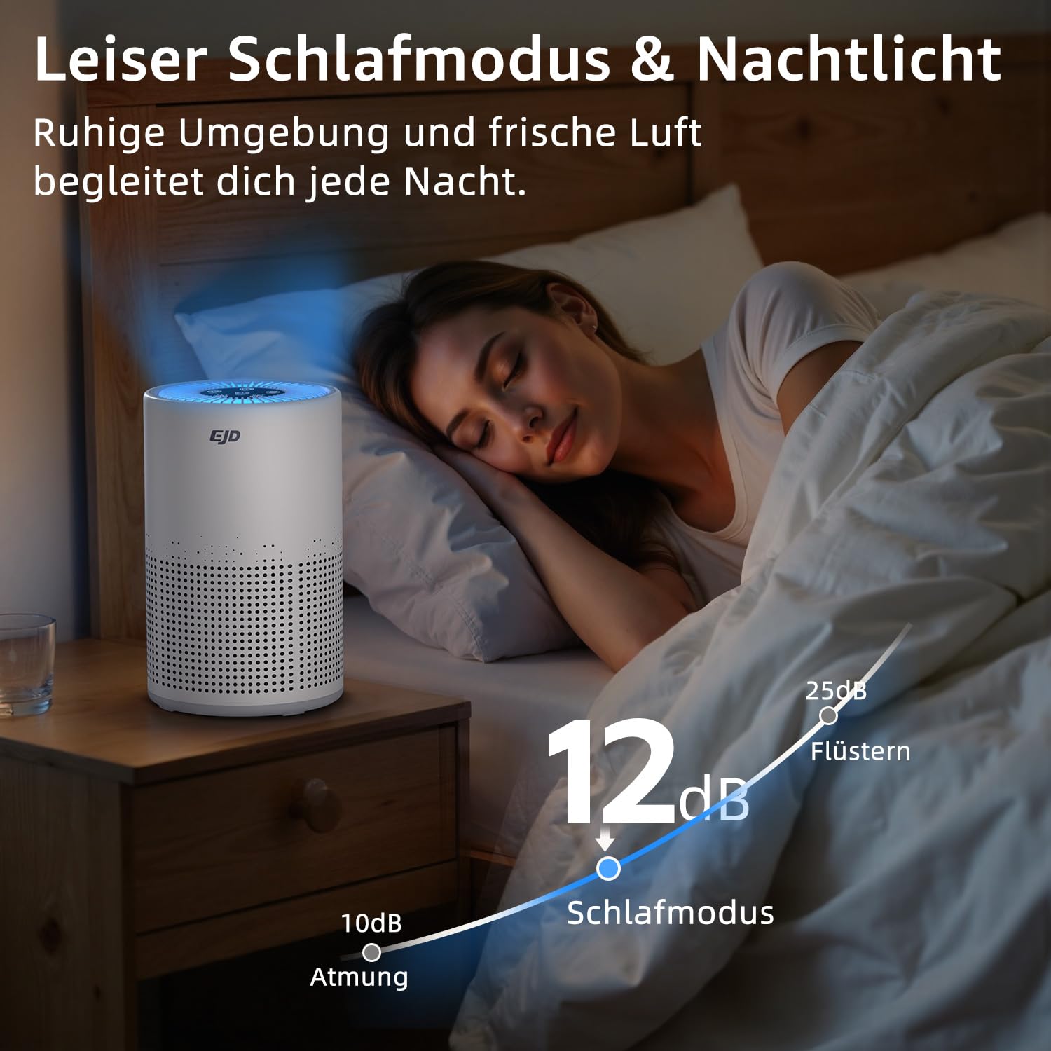 EJD Luftreiniger für Schlafzimmer und Zuhause, leiser H13 HEPA | 3-stufiger Filter, 3 Geschwindigkeiten, 12 dB Schlafmodus gegen Pollen, Staub, Tierhaare, Gerüche