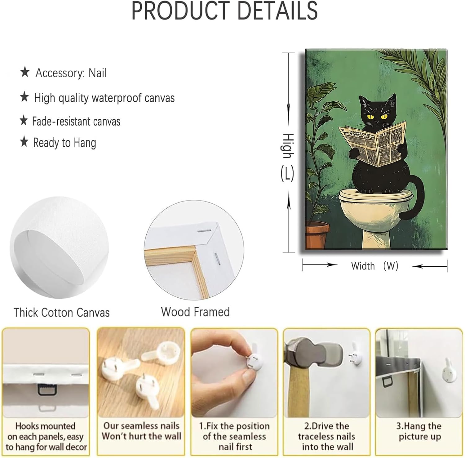 3pcs funny black cat bathroom canvas wall art vintage cat wash its paws reading newspaper posters prints modern green bathroom decor pictures painting for bathroom toilet artwork decorations black cat wall art 24"l x 16"w canvas
