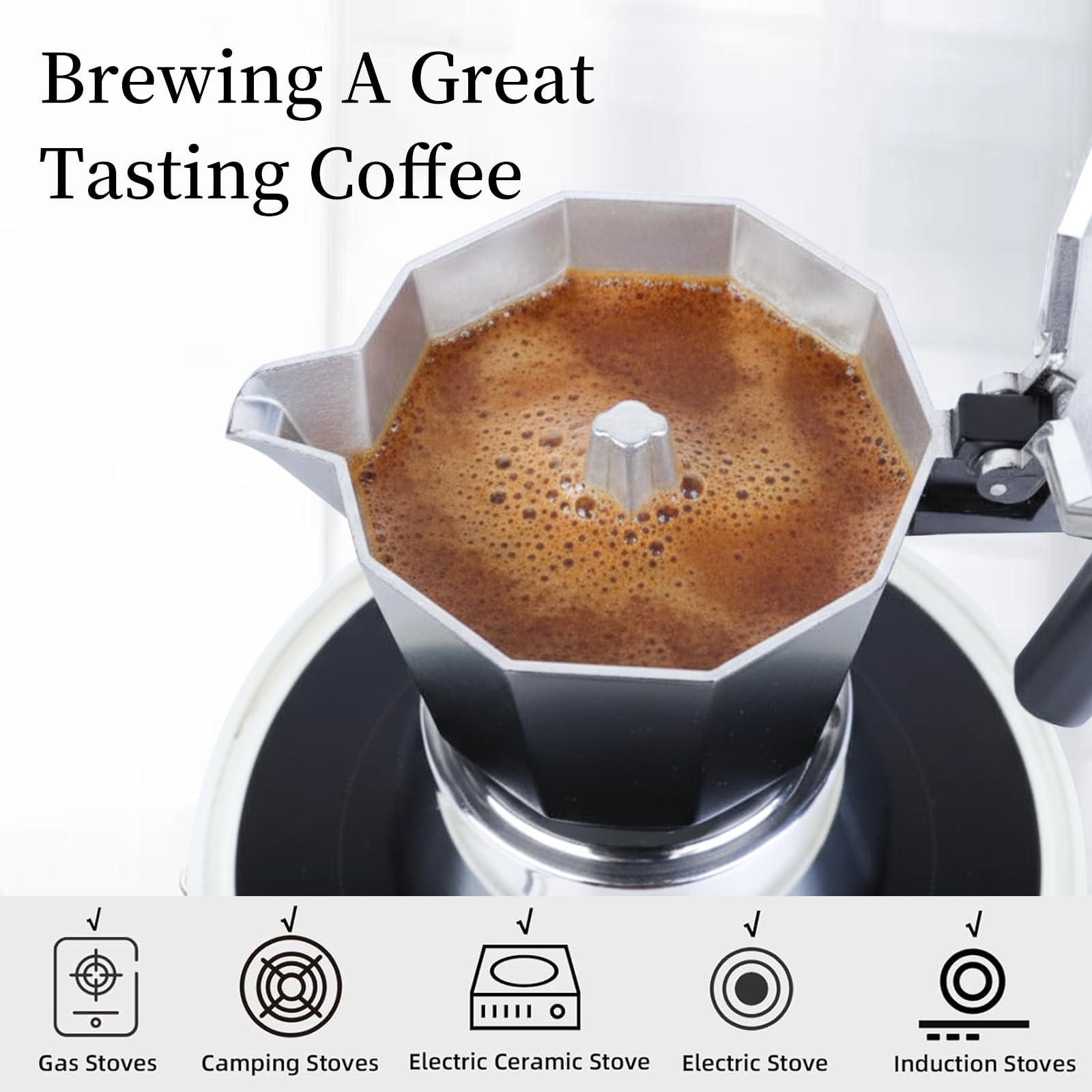 Romon Caffettiera Induzione, Caffè Moka Espresso Elettrica Macchinetta Moke Caffettiere Acciaio Inossidabile, Adatta a Tutti i Tipi di Piatti, 6 Tazze Alluminio per Casa Ufficio Campeggio, Nero 300ml
