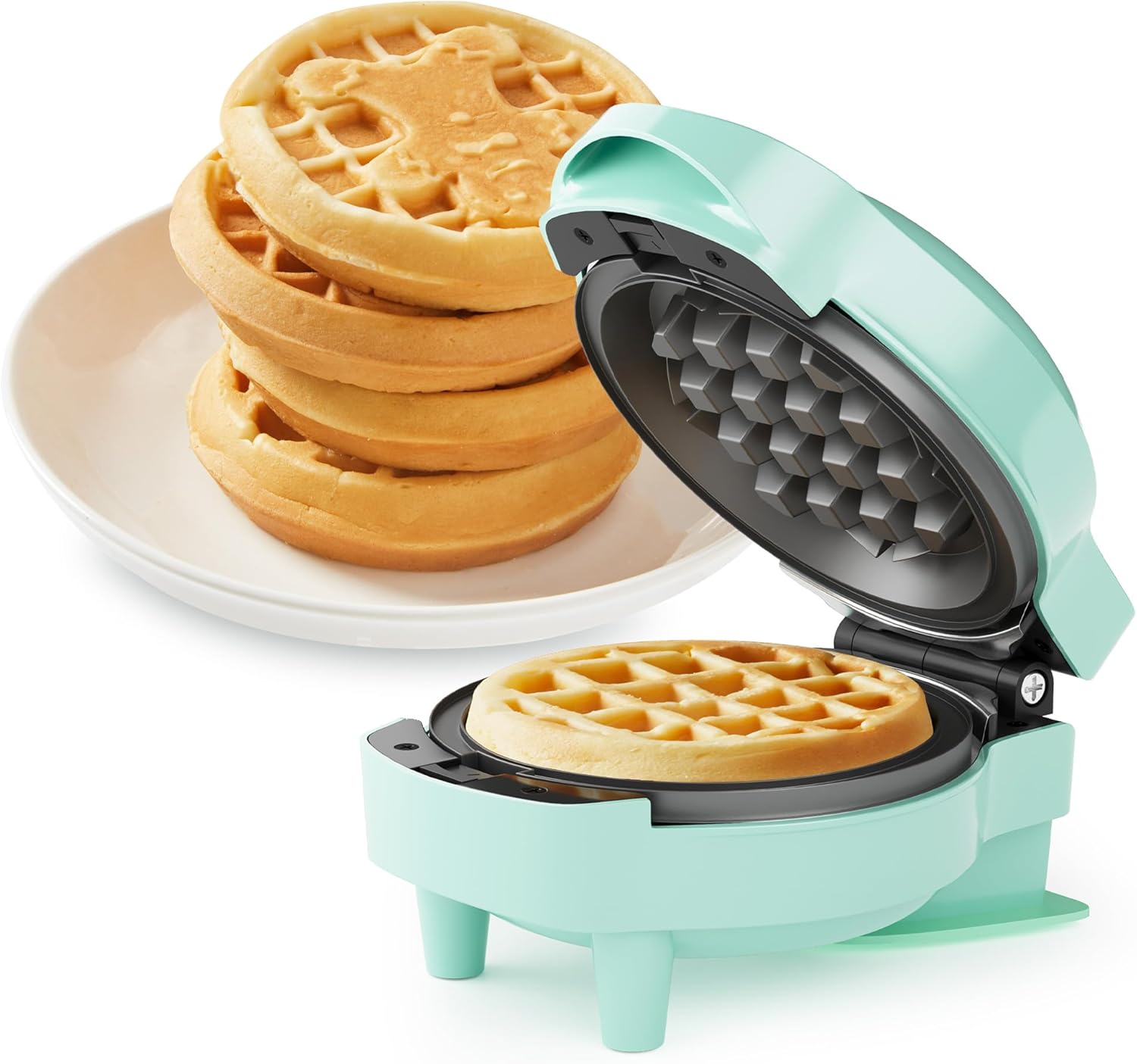 6 in 1 Mini Waffle Maker, 4” Waffle Iron with Removable Non-stick Plates, Perfect Mini Waffle Maker Machine for Kids and Families, Light Blue