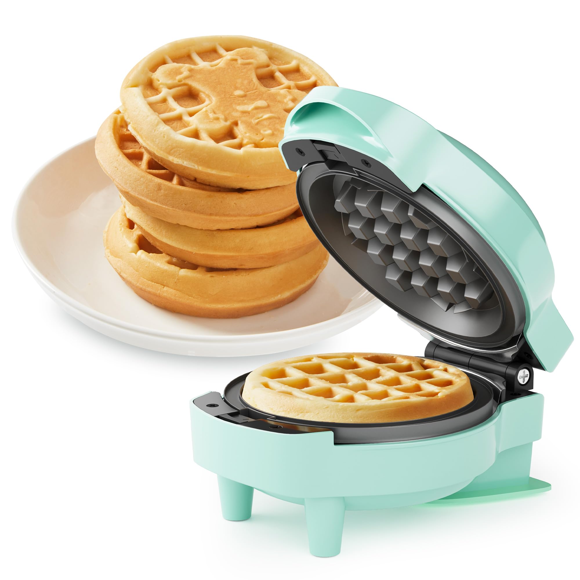 6 in 1 Mini Waffle Maker, 4” Waffle Iron with Removable Non-stick Plates, Perfect Mini Waffle Maker Machine for Kids and Families, Light Blue