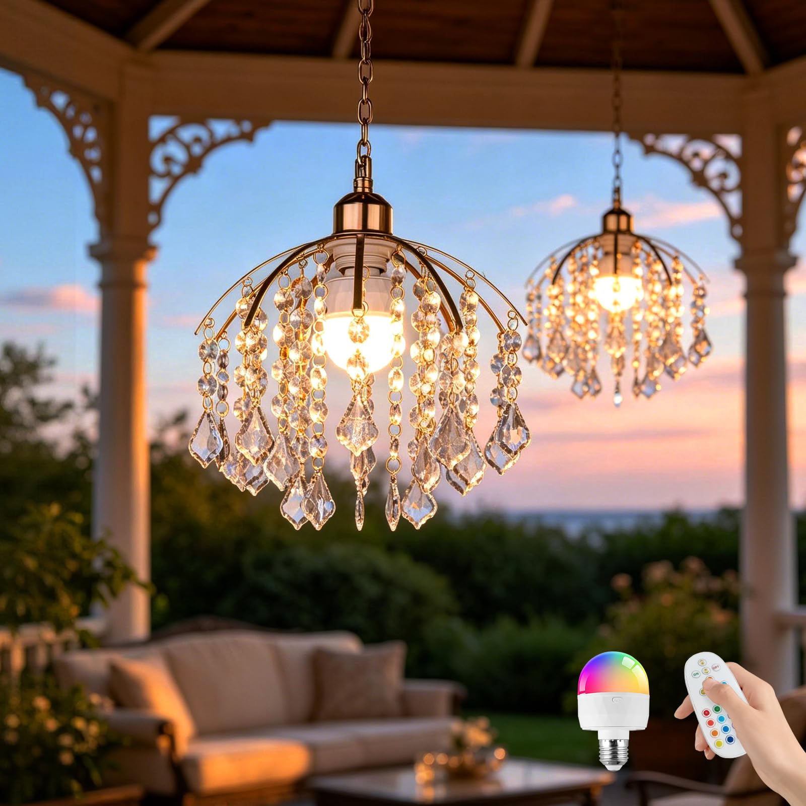Photo 1 of 2 Pack Battery Operated Chandelier, No Wiring Rechargeable Pendant Light with Remote, RGB Dimmable Lamp, Small Acrylic Crystal Chandelier for Bedroom Indoor, Covered Outdoor Porch Gazebo Ceiling Deco