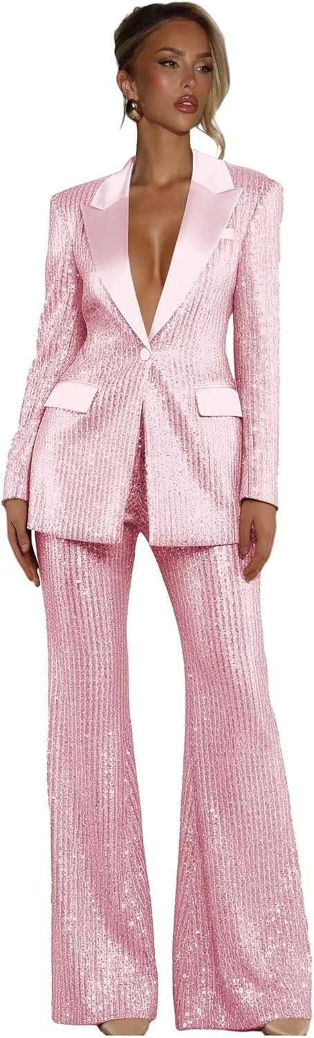 Sequin Suits for Women 2 Piece Satin Peak Lapel Womens Suit Glitter Sparkly Bell Bottoms Womens Tuxedo FXZ24