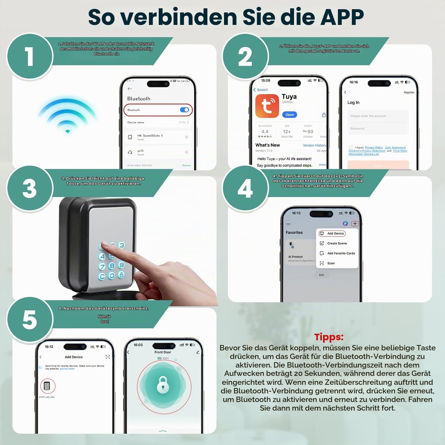 PAIRIER Smart Schlüsselbox Bluetooth Schlüsseltresor | Unterstützt Tuya APP und PIN-Code, 12 Stelliger Zahlencode, Geeignet für Haus Wohnung Garage, Ferienunterkunft