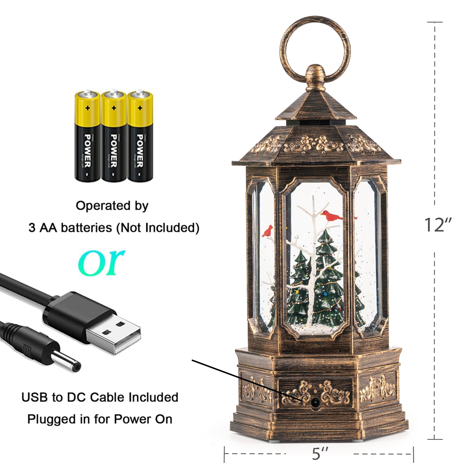 Linterna de Globo de Nieve de Navidad de 12 Pulgadas, Caja de música Hexagonal con Purpurina, Decoraciones alimentadas por USB y Pilas (cardenales en el Bosque Profundo)