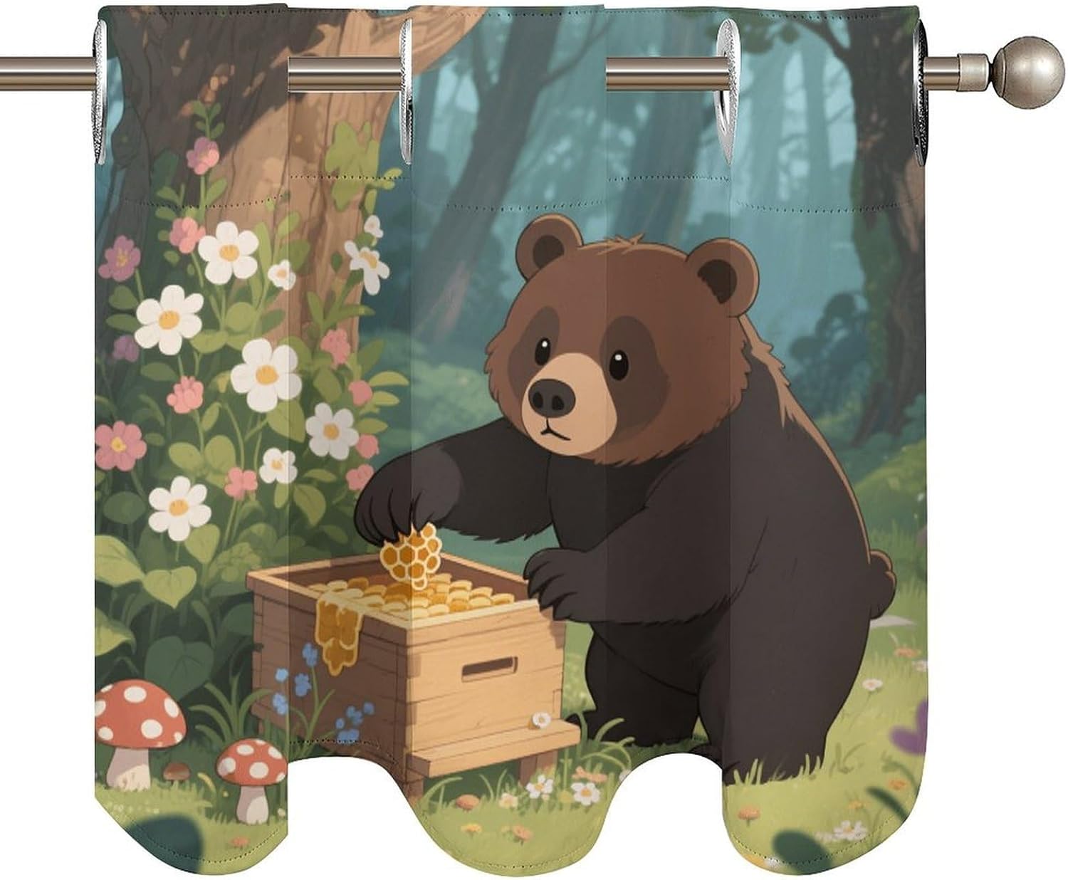 Bear Collecting Honey Curtain 2 Panels, Polyester Fiber, Blackout Insulated Window Curtain, Curtain Valance for Kitchen Dining Room Living Room Cafe Small Window 52 * 18.1 Inches
