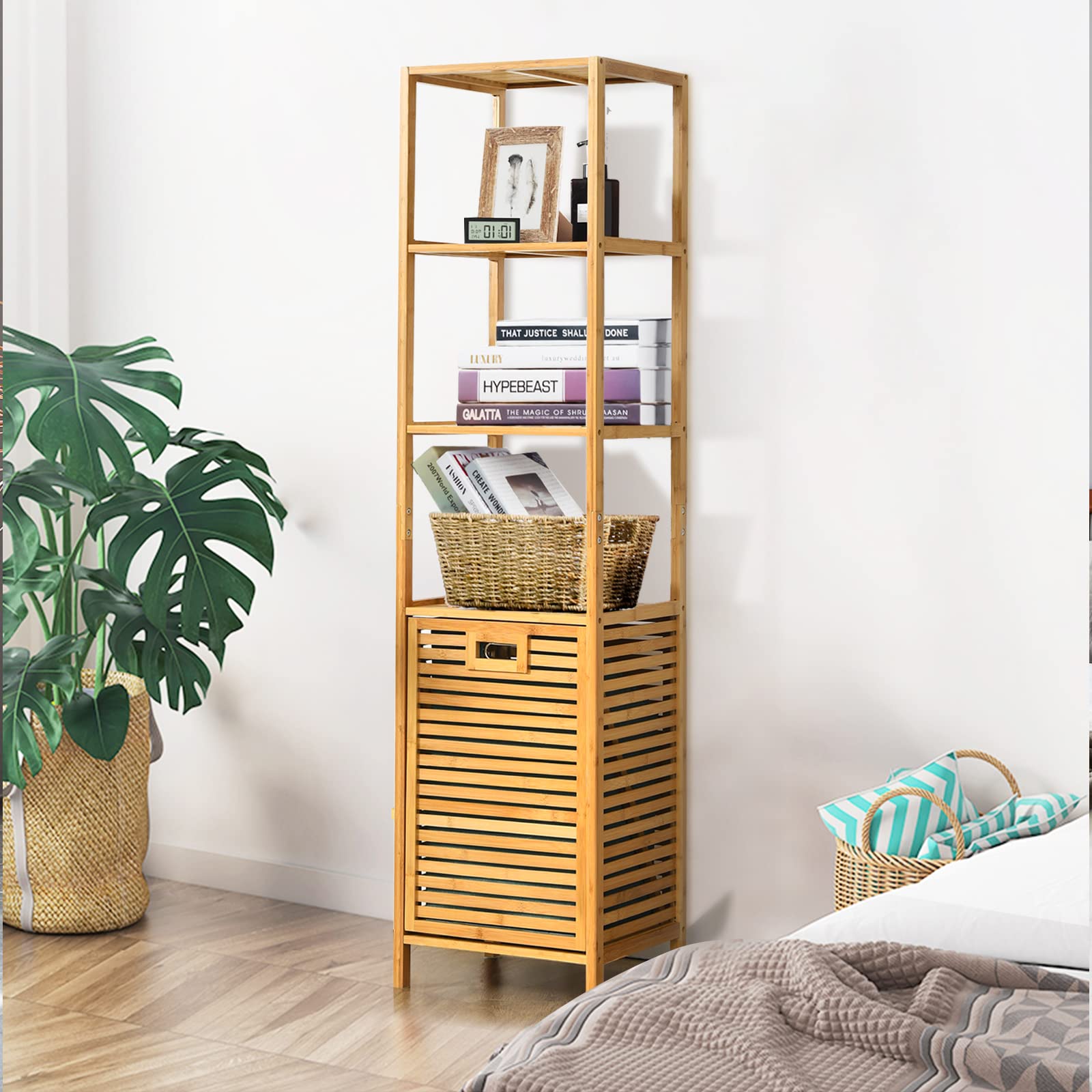 LIFEZEAL Mobile Bagno con Portabiancheria in Bambù Naturale, Mobiletto Bagno Salvaspazio con Biancheria, 40x33x160cm, Scaffale Alto per Organizer, Cesto Biancheria Estraibile con Rapiani da Lavanderia