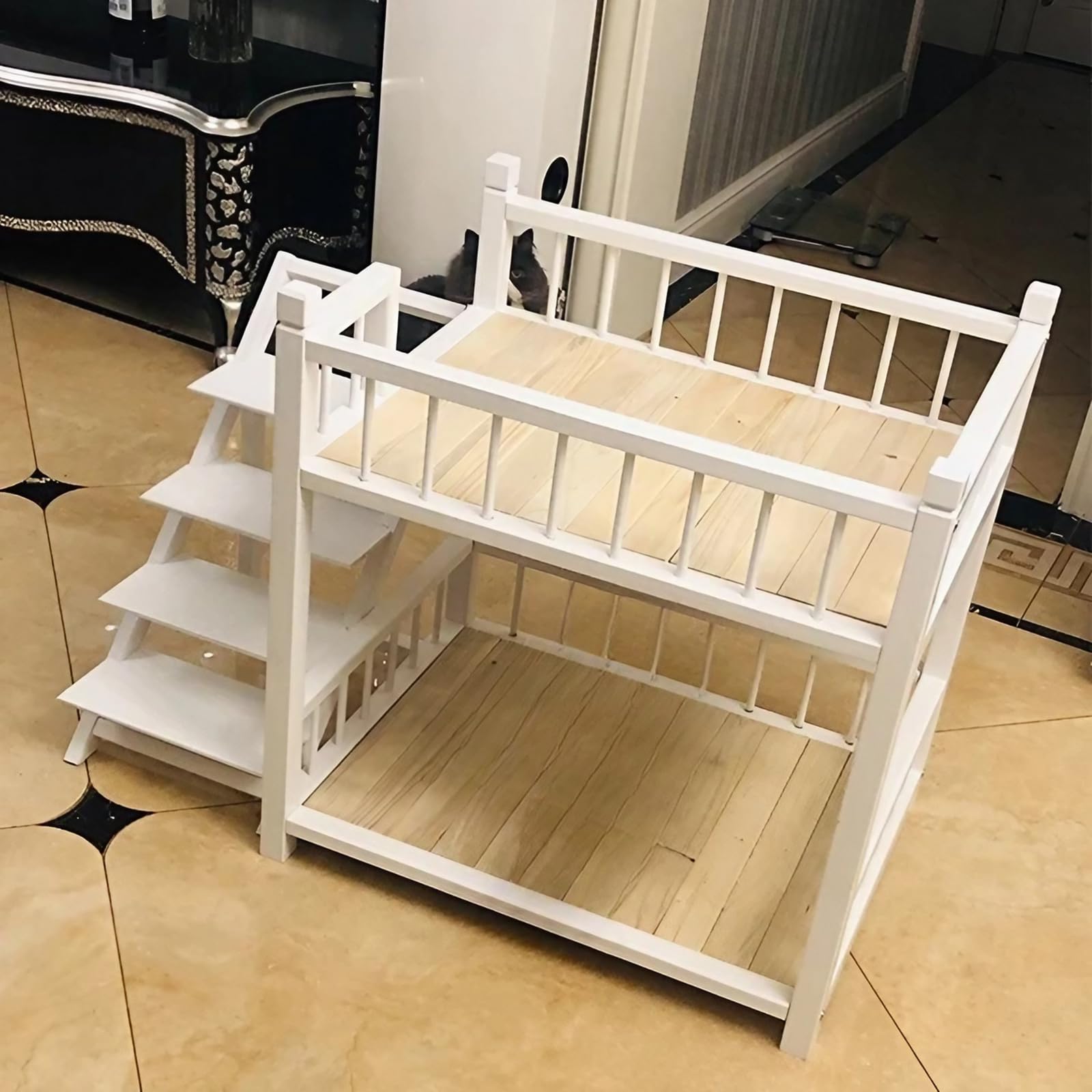 EnweMahi Pet Bunk Bed, Solid Wood Cat Bunk Beds, Removable Bunk Bed for Dogs, Double Dog Bed for 2 Dogs Indoor, Upper and Lower Layer Design Dog Bunk Beds white S
