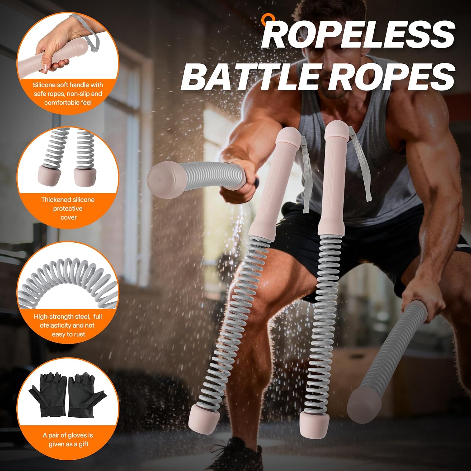 Ropeless Battle Ropes — 1.76LB Weighted 2 Pack, Portable Cordless Training Ropes with Training Gloves for Home Gym HIIT Cardio, Quiet Equipment for Apartments, Men & Women (Pink)