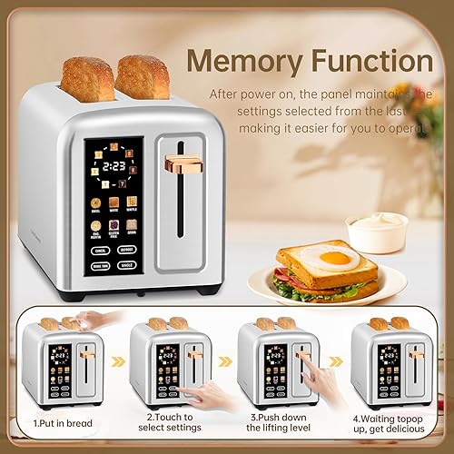Miniatura 7 de SEEDEEM Tostadora de 2 rebanadas, pantalla táctil real con pantalla LCD, función de una sola rebanada, tostadora de acero inoxidable, calentamiento
