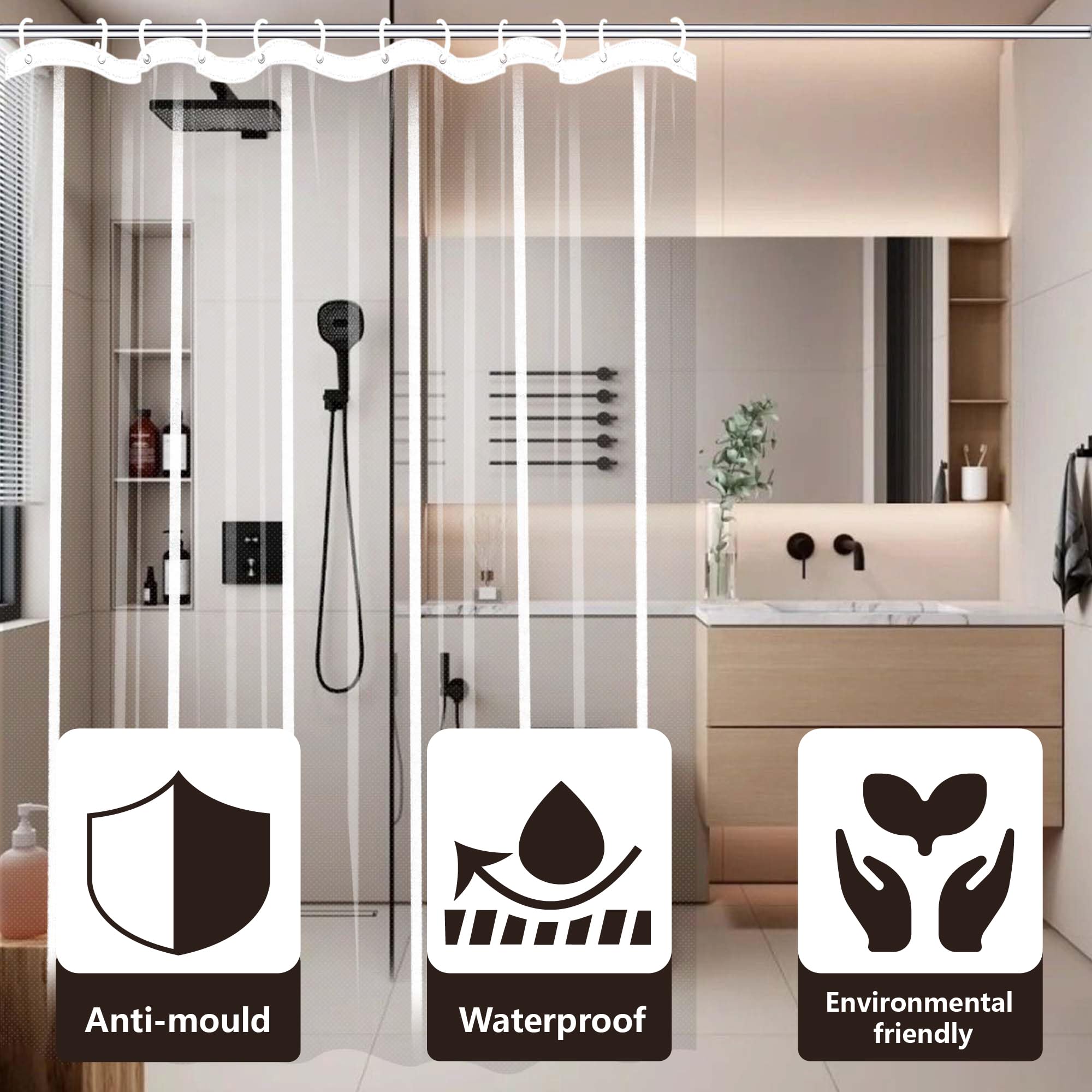 Cortina de ducha transparente de alta calidad, 180 x 90 cm, PEVA, fácil de limpiar, con lazo para colgar, elegante decoración de baño para ducha o bañera, impermeable y