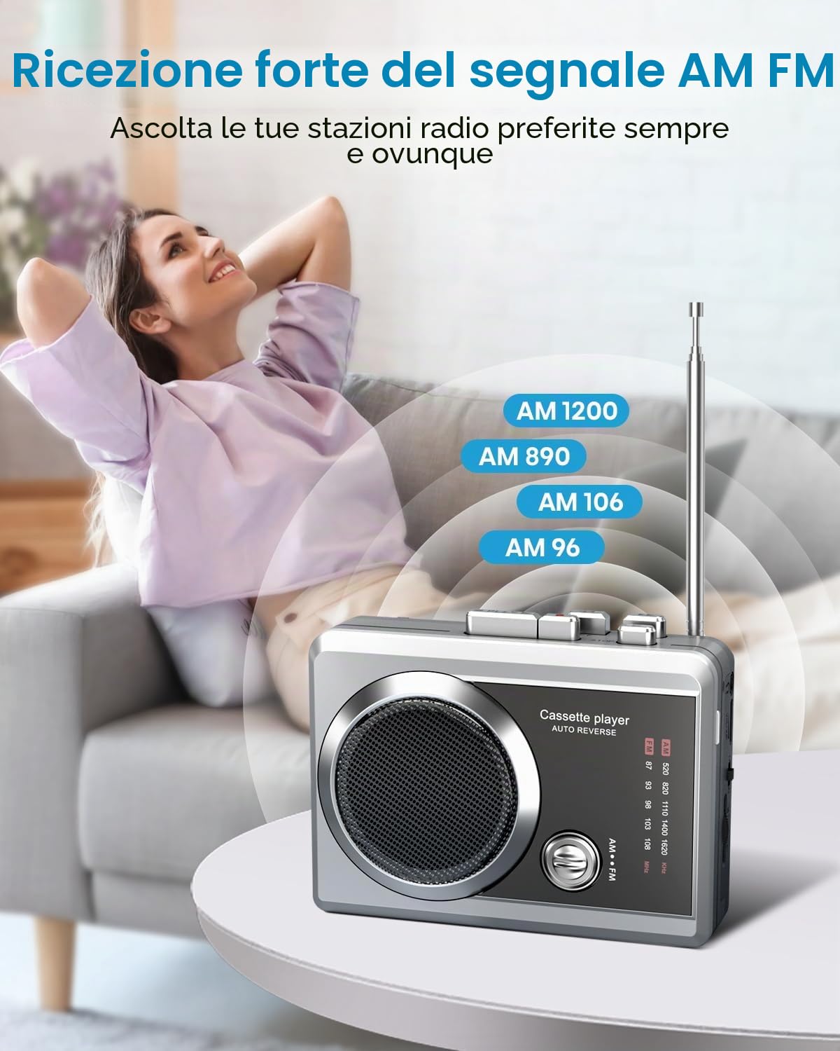 Lettore registratore a cassette portatile e radio AM/FM, lettore di cassette compatto con jack per cuffie da 3,5 mm, altoparlante integrato, alimentato a batteria/USB