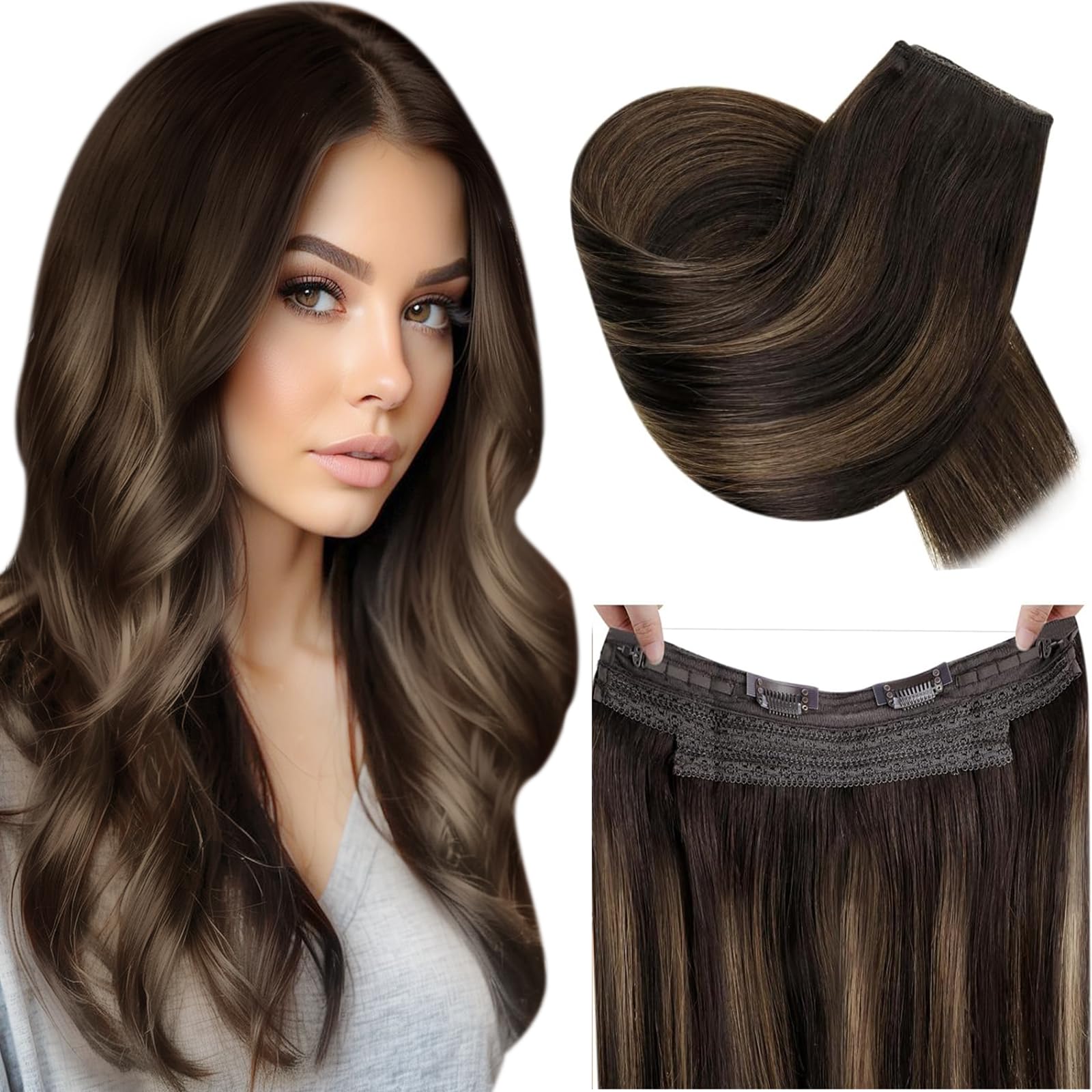 RUNATURE Wire Hair Extensions Human Hair Balayage Brown Wire Hair Extensions Remy Ombre One Piece Extensions Real Hair Straight 20 Inch 100 Gram