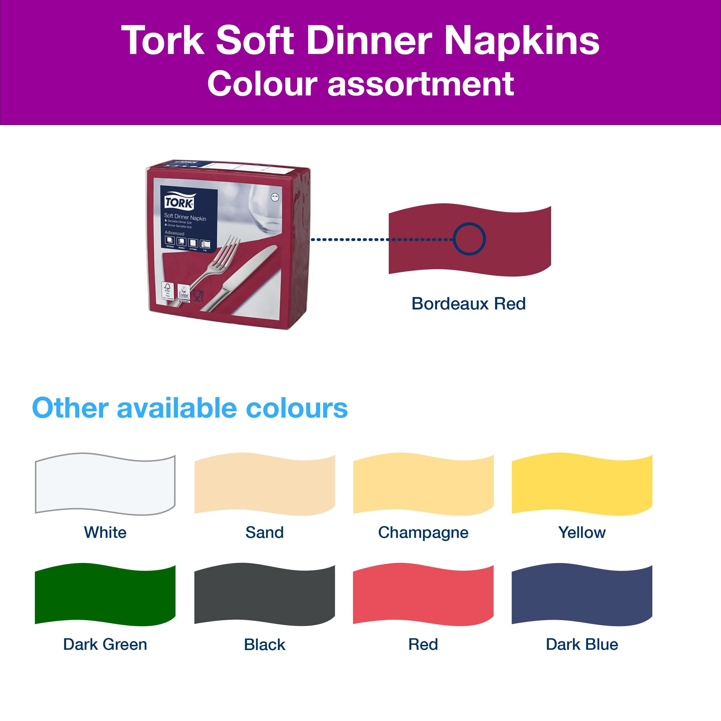 Tork 477618 Soft Dinnerservietten Bordeauxrot 1/8 Falz / 3-lagige Papierservietten/Ideal für ein Abendessen / 12 x 100 (1200) vorgefaltete Servietten/Advanced Qualität / 39 x 39 cm (B x L)