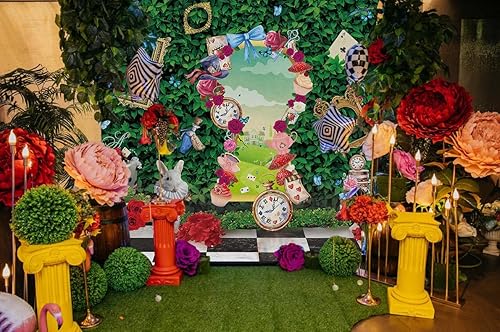 Miniatura 4 de Fondo de fiesta de té del país de las maravillas con hojas verdes, tablero de ajedrez, conejo, país de las maravillas, fondo para fotografía,