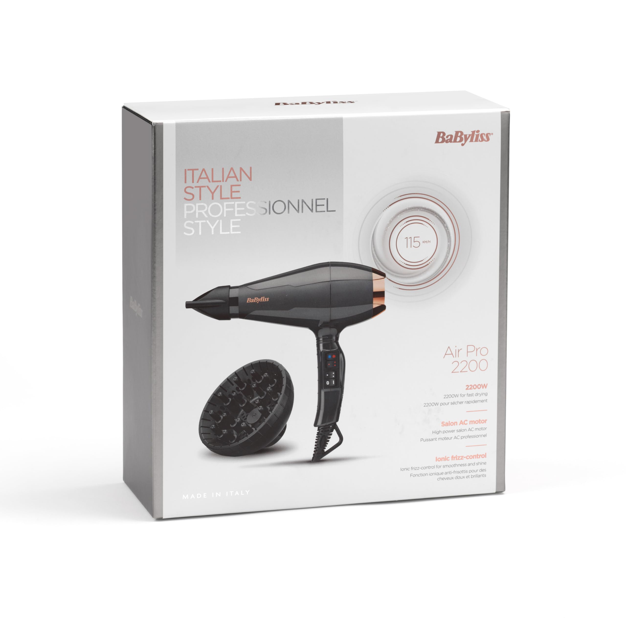 BaByliss Secador de pelo Italian Air Pro con Difusor - Motor AC Profesional, Alta potencia 2200 W, Tecnología iónica antiencrespamiento, 2 temperaturas y 2 velocidades, Made In Italy, Negro, 6719DE