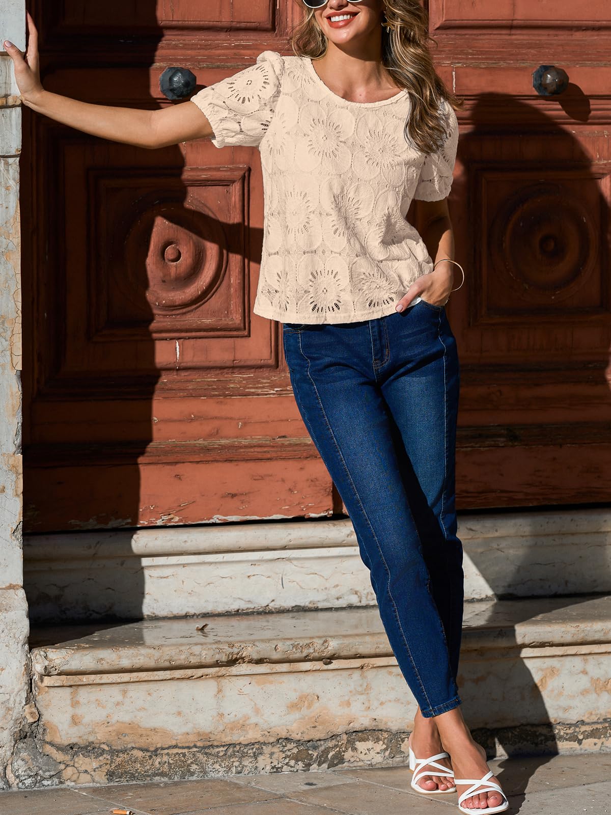 CUPSHE Camicette da donna 2026 con occhielli scavati all'uncinetto ricamati a maniche corte camicie girocollo in pizzo floreale top elegante