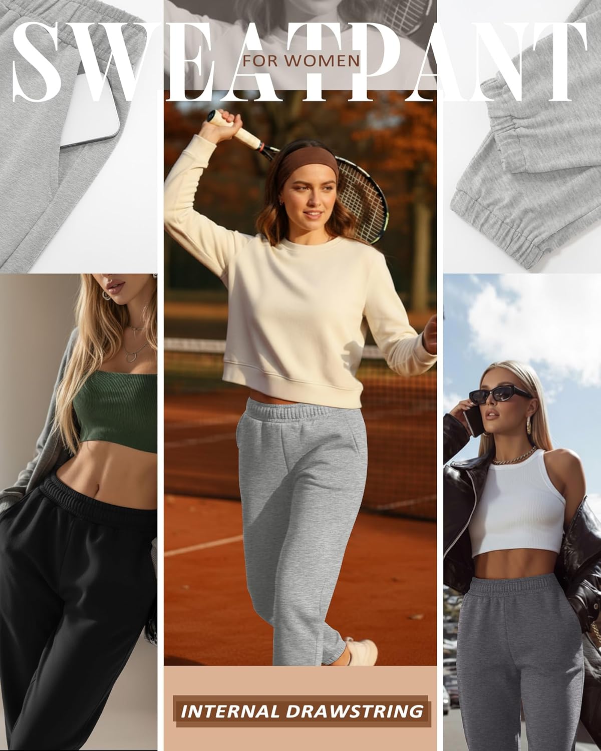 3 Pack Women's Joggers Sweatpants with Pockets, Elastic High Waisted Drawstring Baggy Lounge Trousers Yoga Workout - Image 2