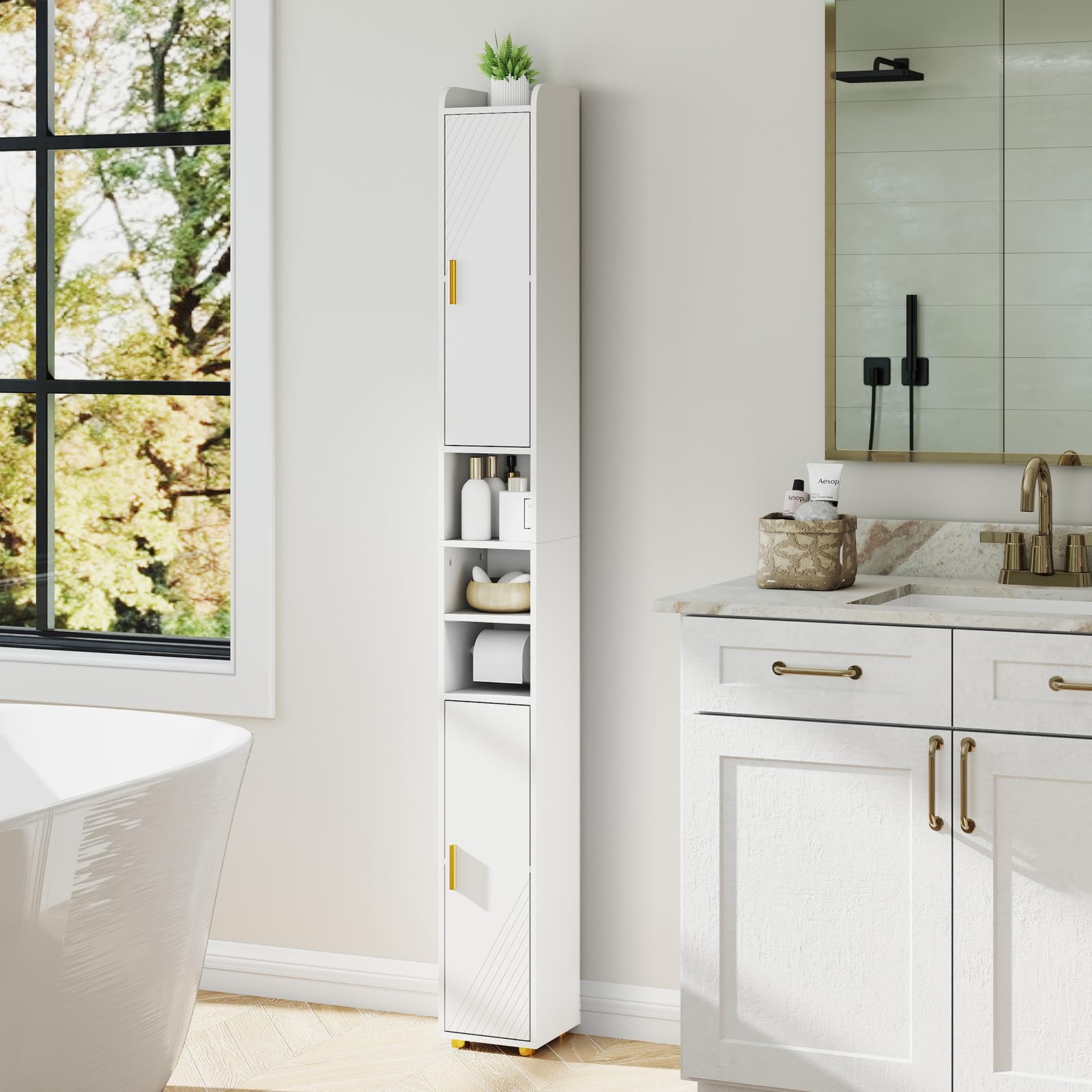 GIANTEX Armadietto da bagno da 179 cm, con 2 ante, 3 ripiani aperti, ganci e porta carta igienica, 20 x 20 cm, per ufficio, cucina e corridoio (3 ripiani, bianco)