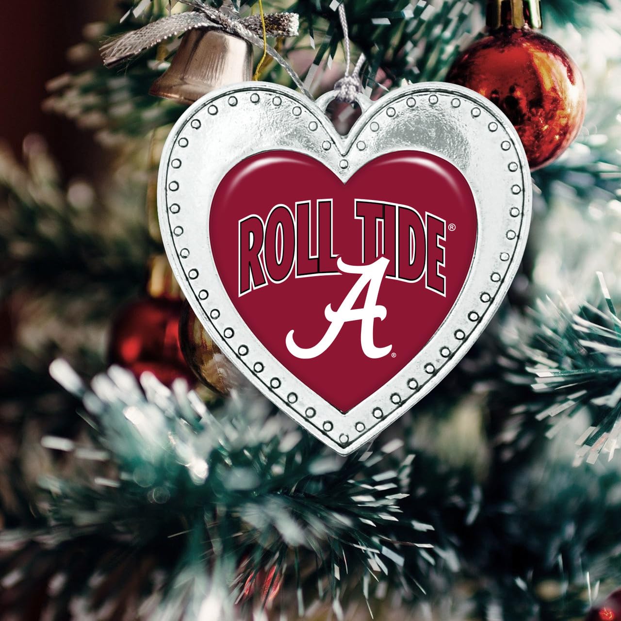 Alabama Crimson Tide Roll Tide Christmas Heart Shape Silver Metal Ornament Gift Tree Decoration UA