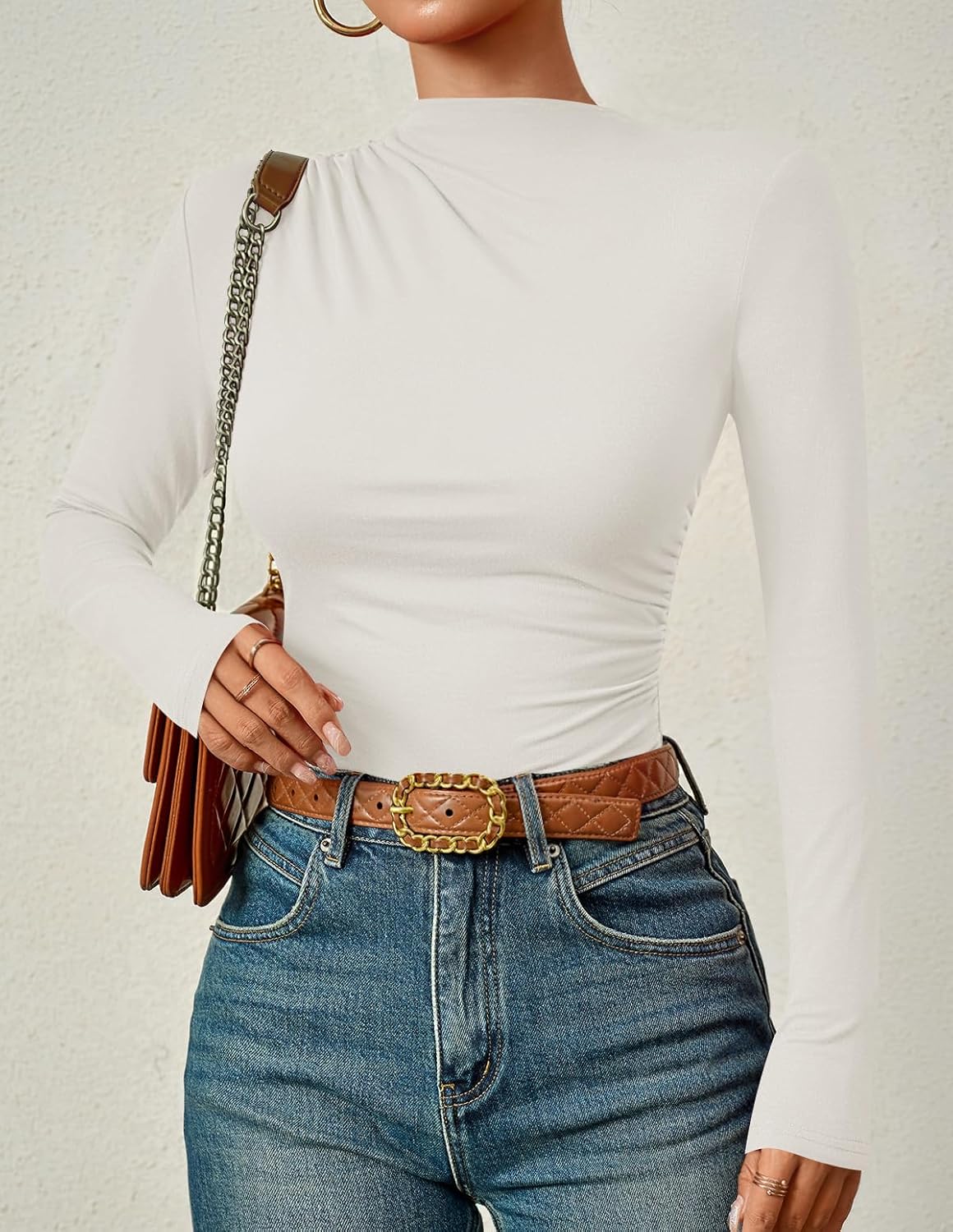 ZESICA Women's Long Sleeve Tops Mock Neck Ruched Tight Shirts 2026 Spring Trendy Outfits - Image 3