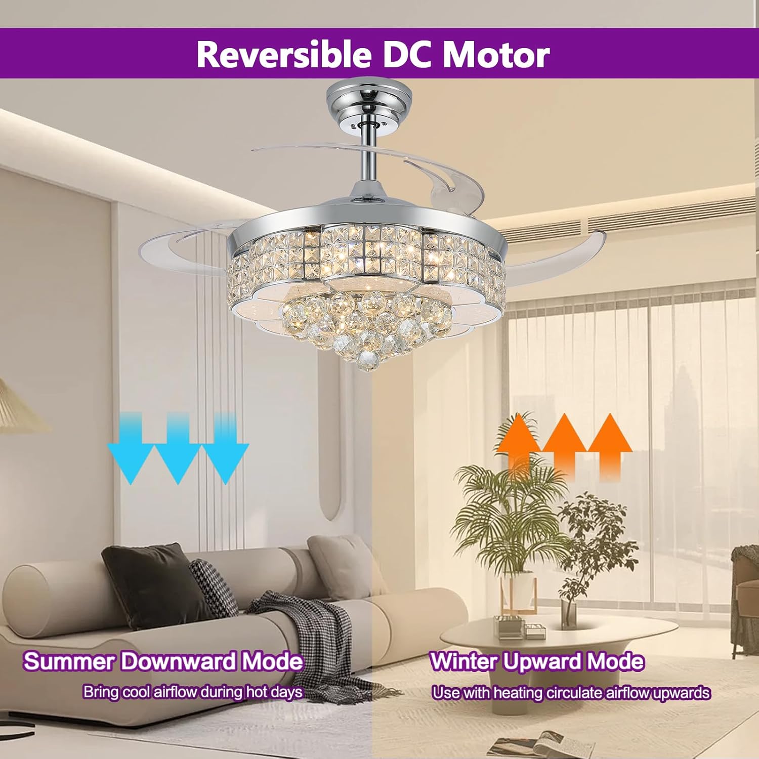36" Retractable Crystal Ceiling Fan with Light, RGB Modern Fandelier 6 Speeds Reversible Blades Dimmable Chandelier Fan with Remote Silver