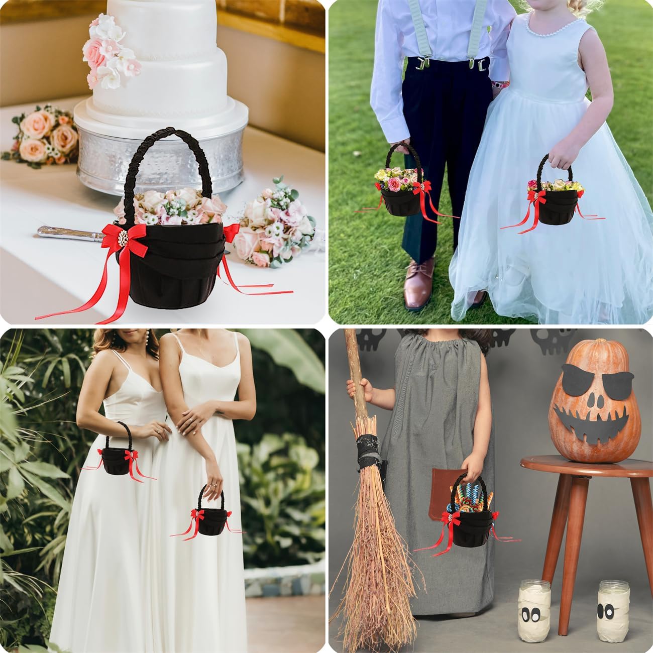 2 PCS Bridal Black Style Rhinestone Decor Flower Basket Wedding Ring Bearer Baske Red Bowknot Basket for Party Halloween Home Decor