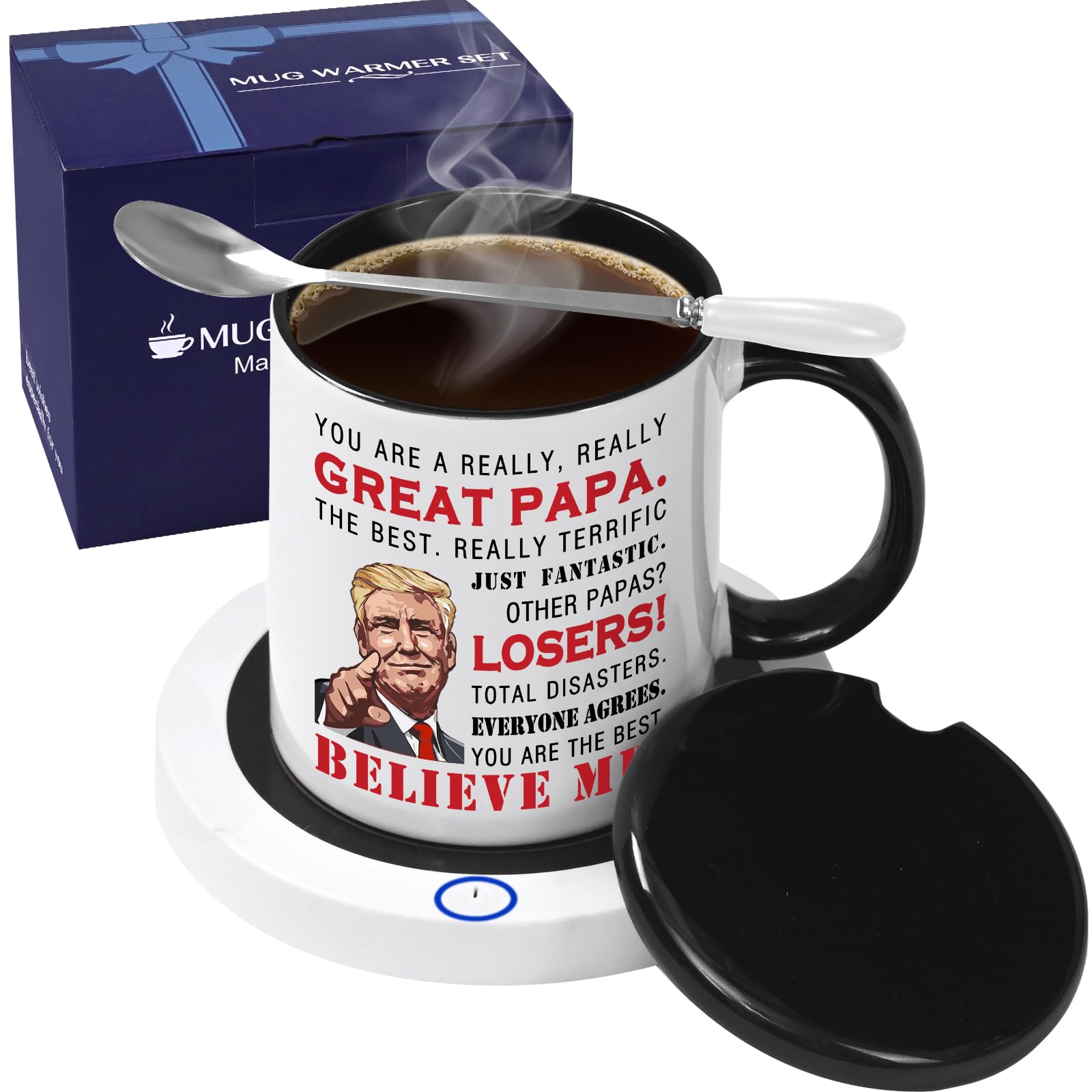 Trump 2025 Best Fathers Day Papa Gifts for Dad, Fathers Day Mug, Coffee Mug Warmer & Papa Mug Set, Funny Dad Gifts for Fathers Day for Husband from Daughter Son Wife, Coffee Gifts for Dad 11 OZ