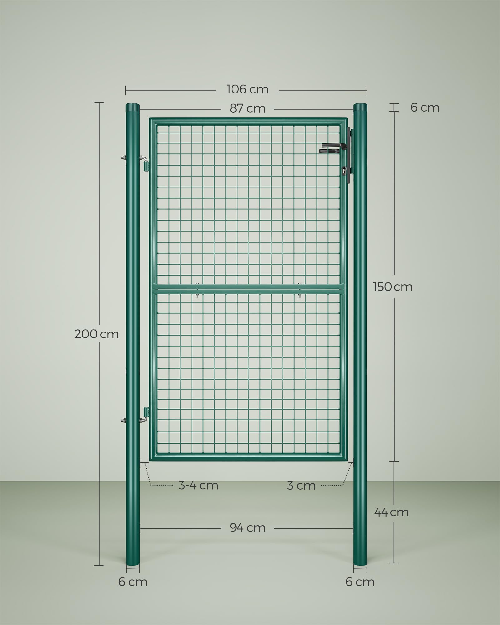 SONGMICS Puerta de Jardín de Acero Galvanizado, Puerta para Valla, con Cerradura, Manija y Llave, 106 x 150 cm (Largo x Alto), Verde GGD200G