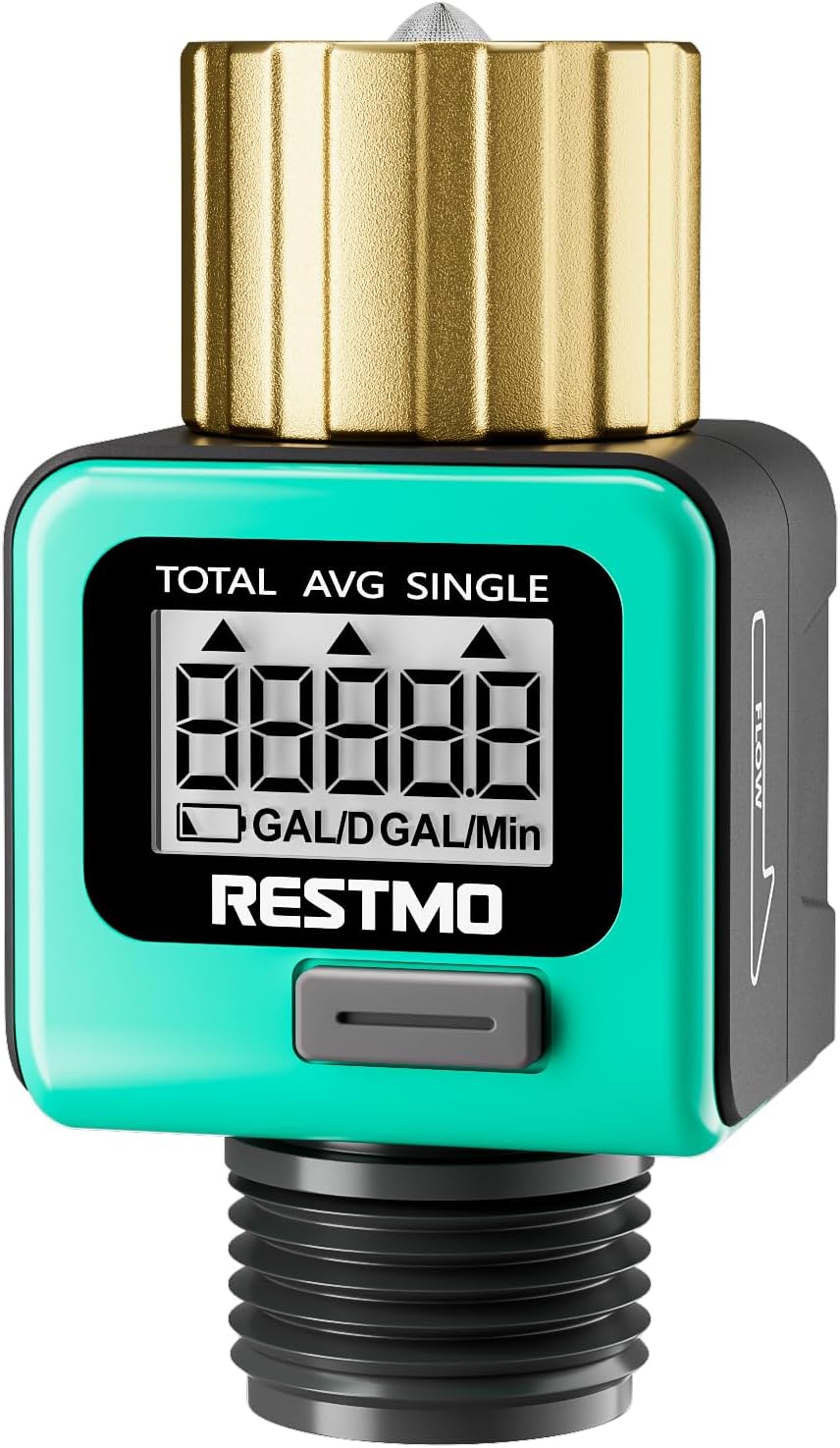 RESTMO Water Flow Meter with Brass Inlet Metal Thread, Measure Gallon/Liter Consumption and Flow Rate for Outdoor Garden Hose Watering, RV Water Tank Filling, Lawn Sprinkler and Nozzle Sprayer
