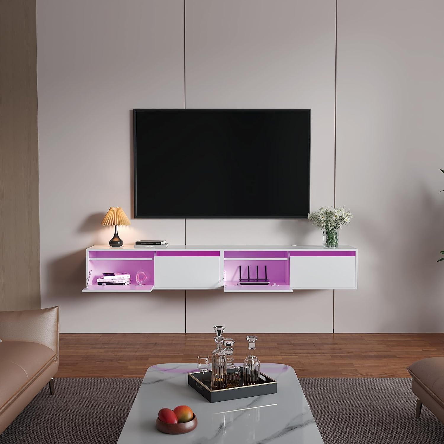 HedoAjim Floating TV Stand for 55 65 70 75 78 85 95 inch TV, for Living Room, Bedroom, Wall-Mounted Entertainment Center with 2 Flip-Down Cabinet Doors, with LED Lights, Black, Set of 2