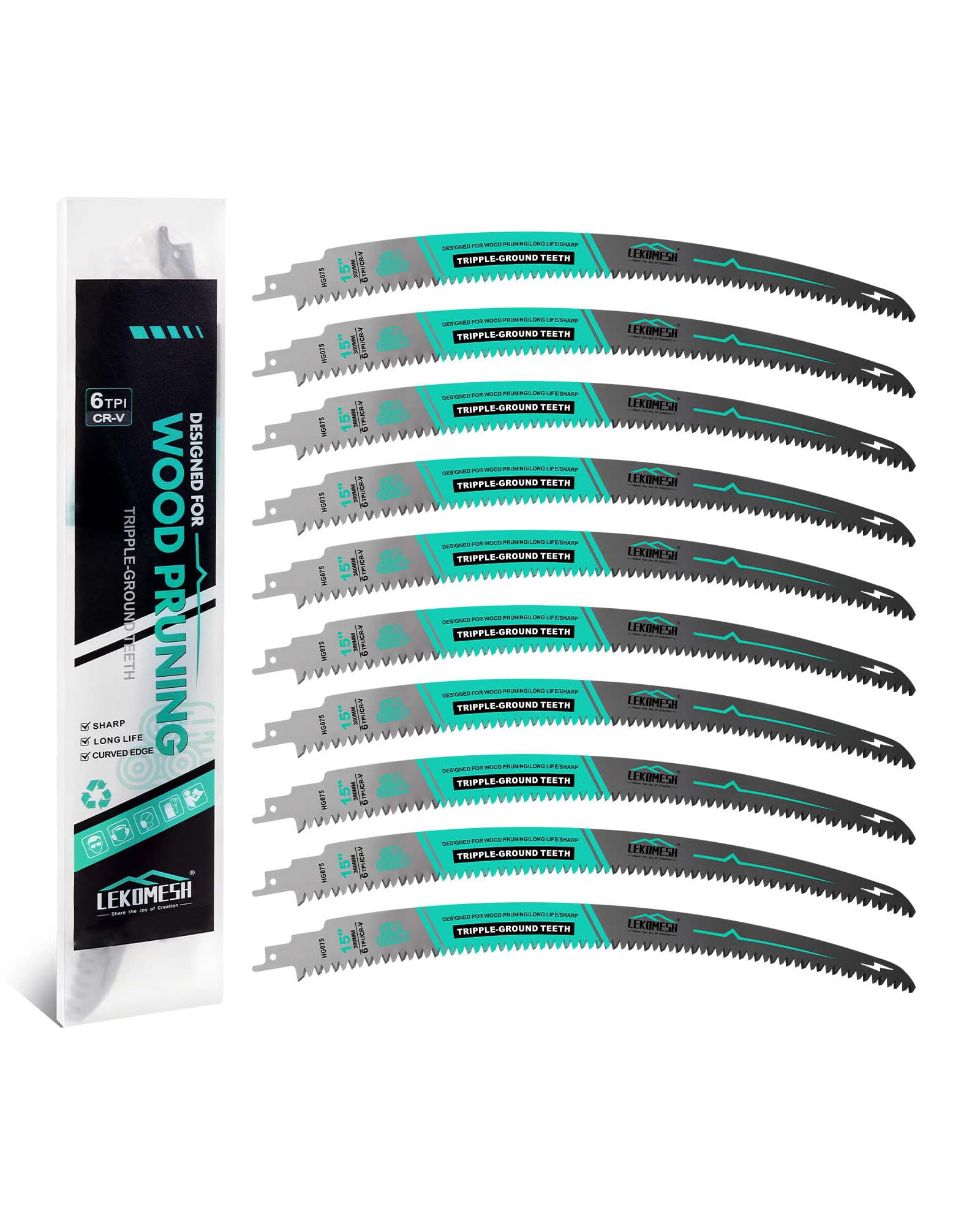 LEKOMESH 380MM Japanese Teeth Reciprocating Saw Blades Wood Pruning - 10pcs Curved Edge 6TPI for Tree Trimming, Wood/PVC Pipe Cutting, Cr-V Sabre Blades Better Wear Resistance