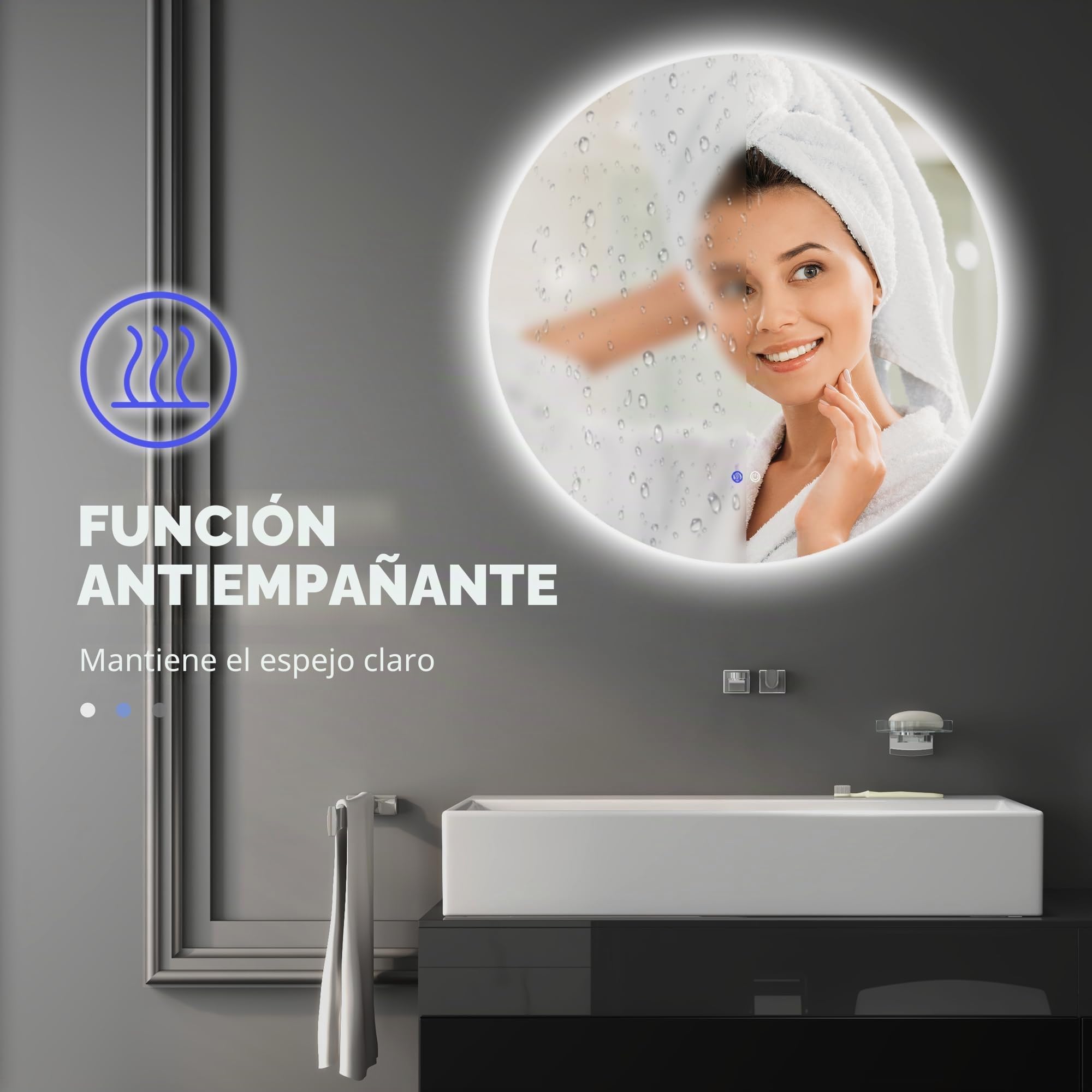 kleankin Espejo Redondo Iluminado LED Espejo de Pared para baño 70 cm con luz Interruptor táctil Sistema antivaho Brillo Regulable 35W Blanco y Plata